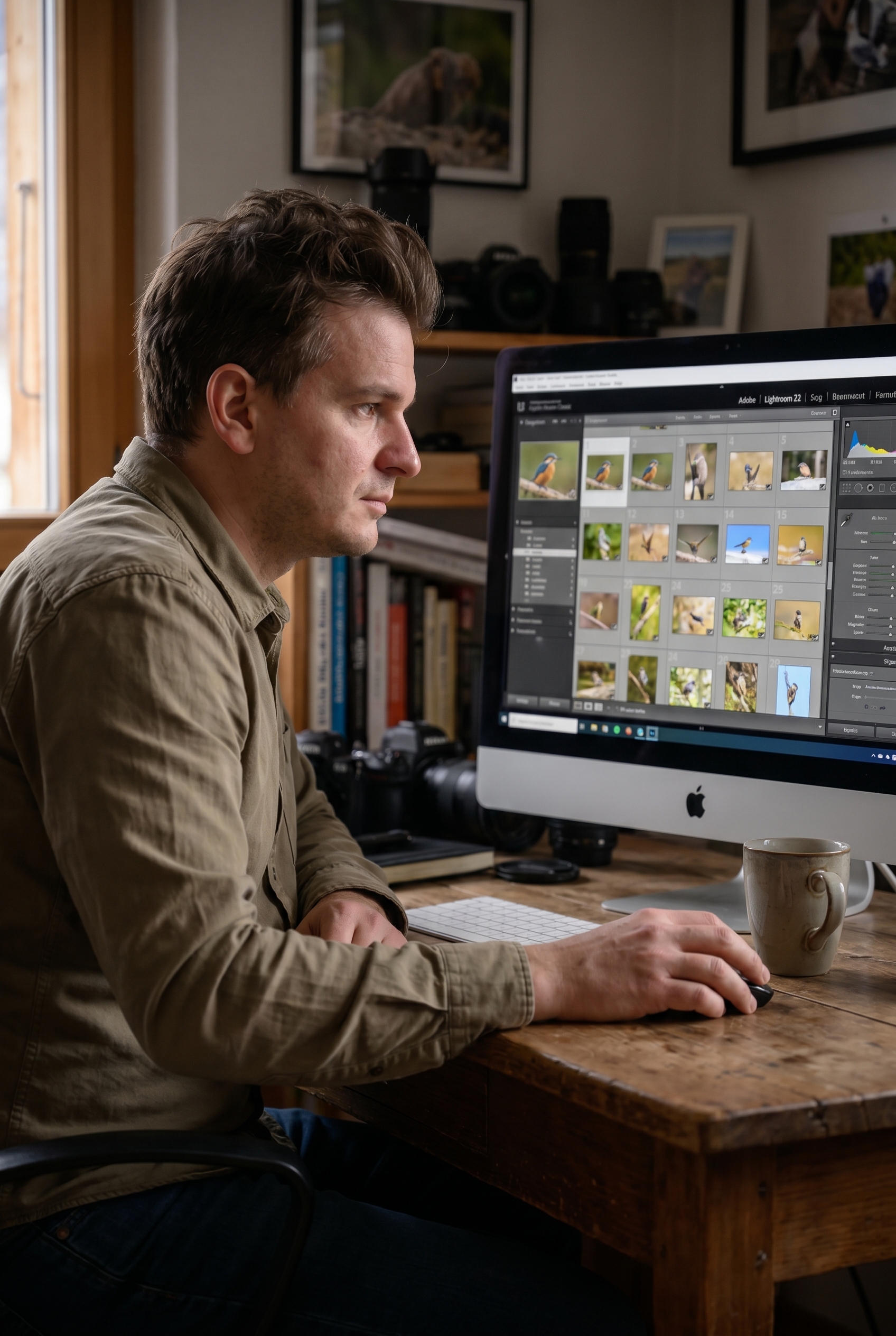 Lightroom vs Capture One : le comparatif simple pour ne plus se tromper de logiciel 13 Photographe de nature devant son écran comparant Lightroom vs Capture One pour le post-traitement de photos d'oiseaux