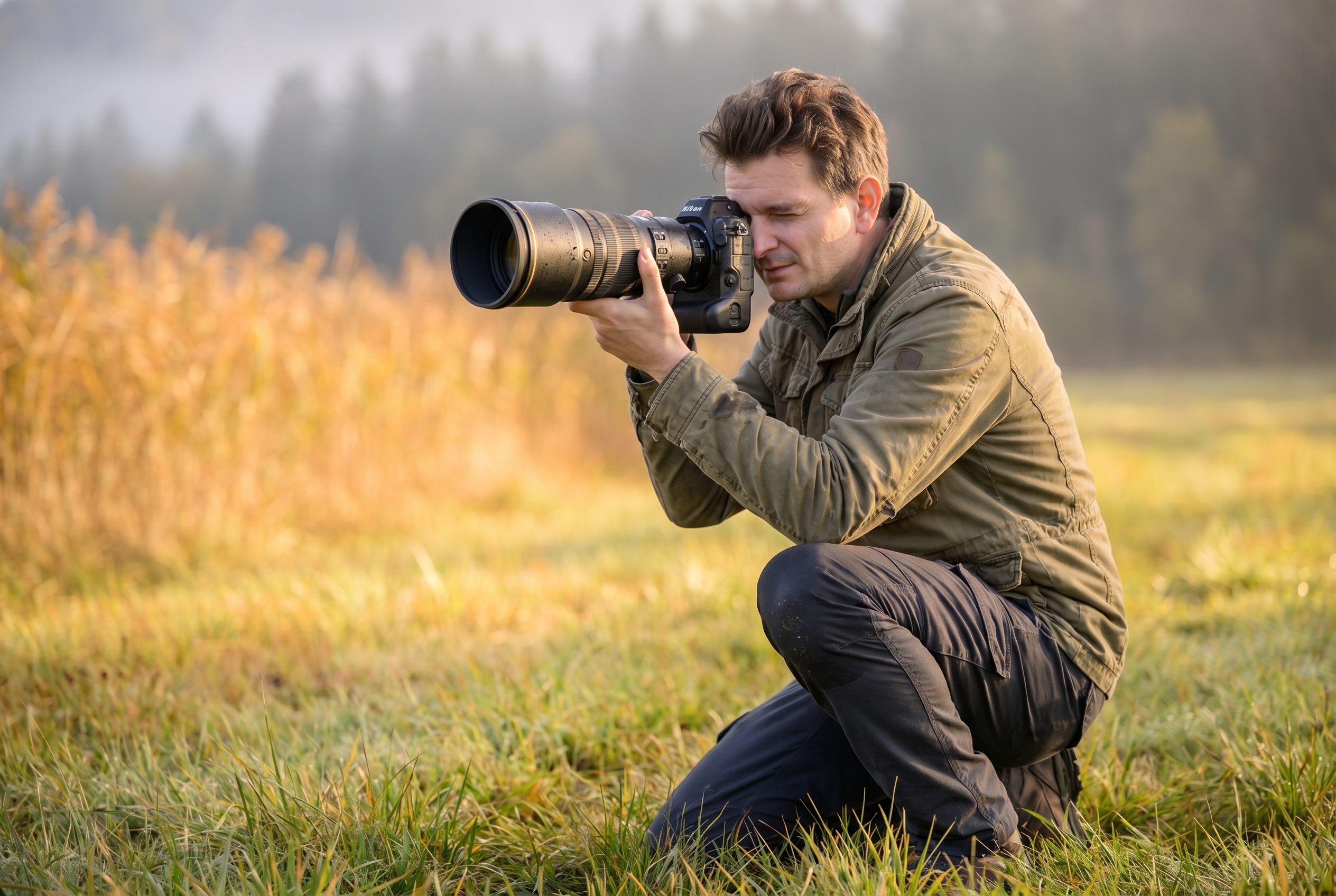Photographe animalier accroupi dans une prairie automnale appliquant la règle des tiers pour cadrer son sujet avec un Nikon Z8.