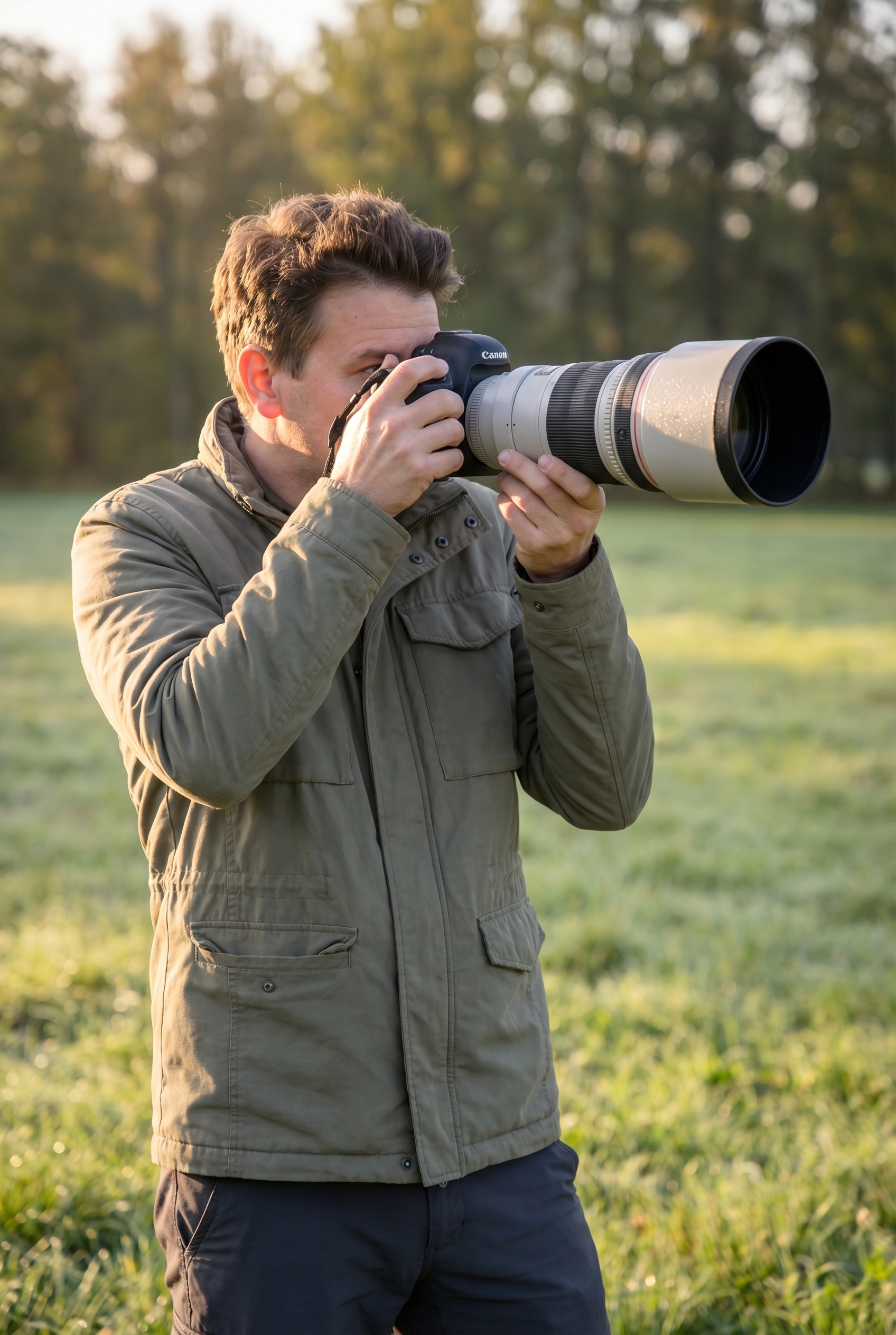 Comment photographier des oiseaux : le guide complet 18 Photographe de nature utilisant un téléobjectif de 400mm dans une prairie à l'aube pour photographier des oiseaux.