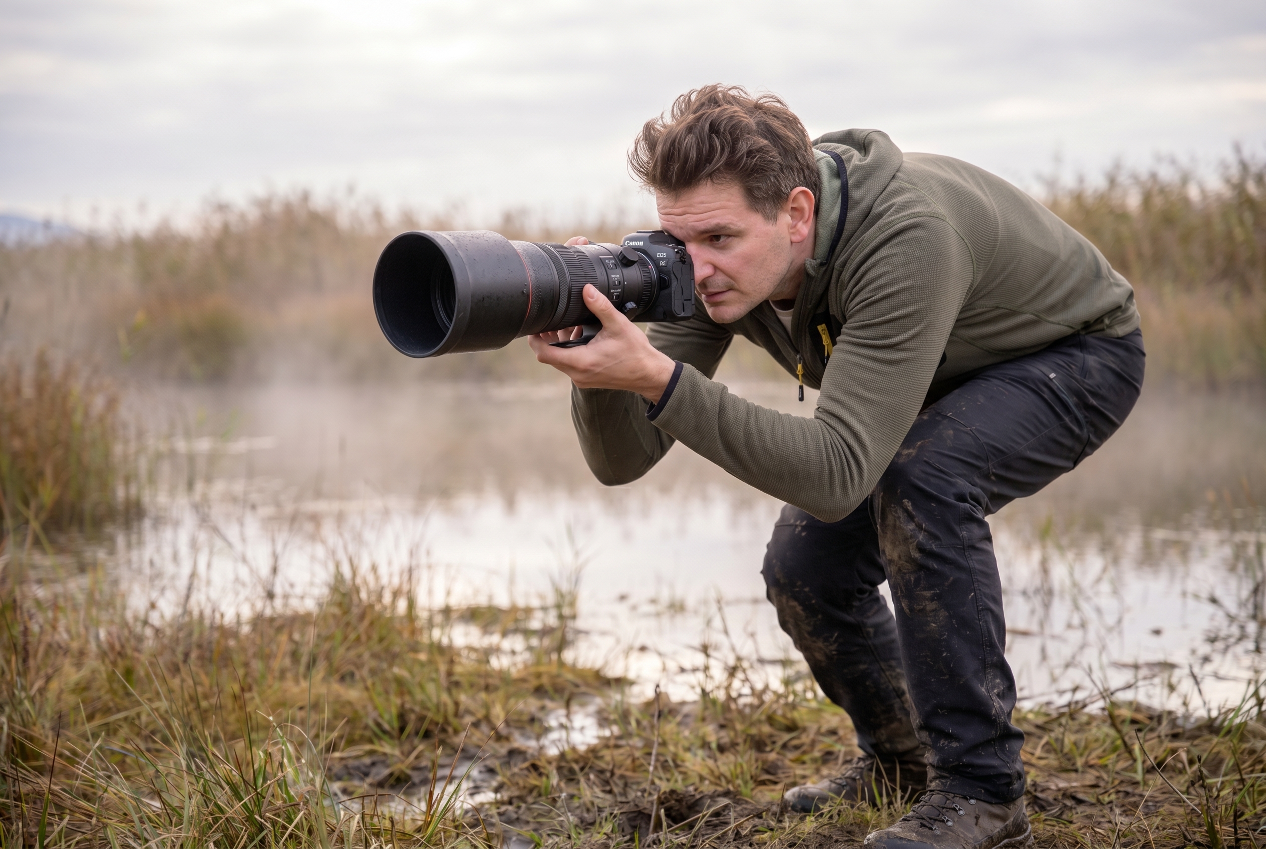 Un photographe animalier utilise un appareil photo hybride Canon avec un téléobjectif de 500mm dans une zone humide brumeuse au petit matin.