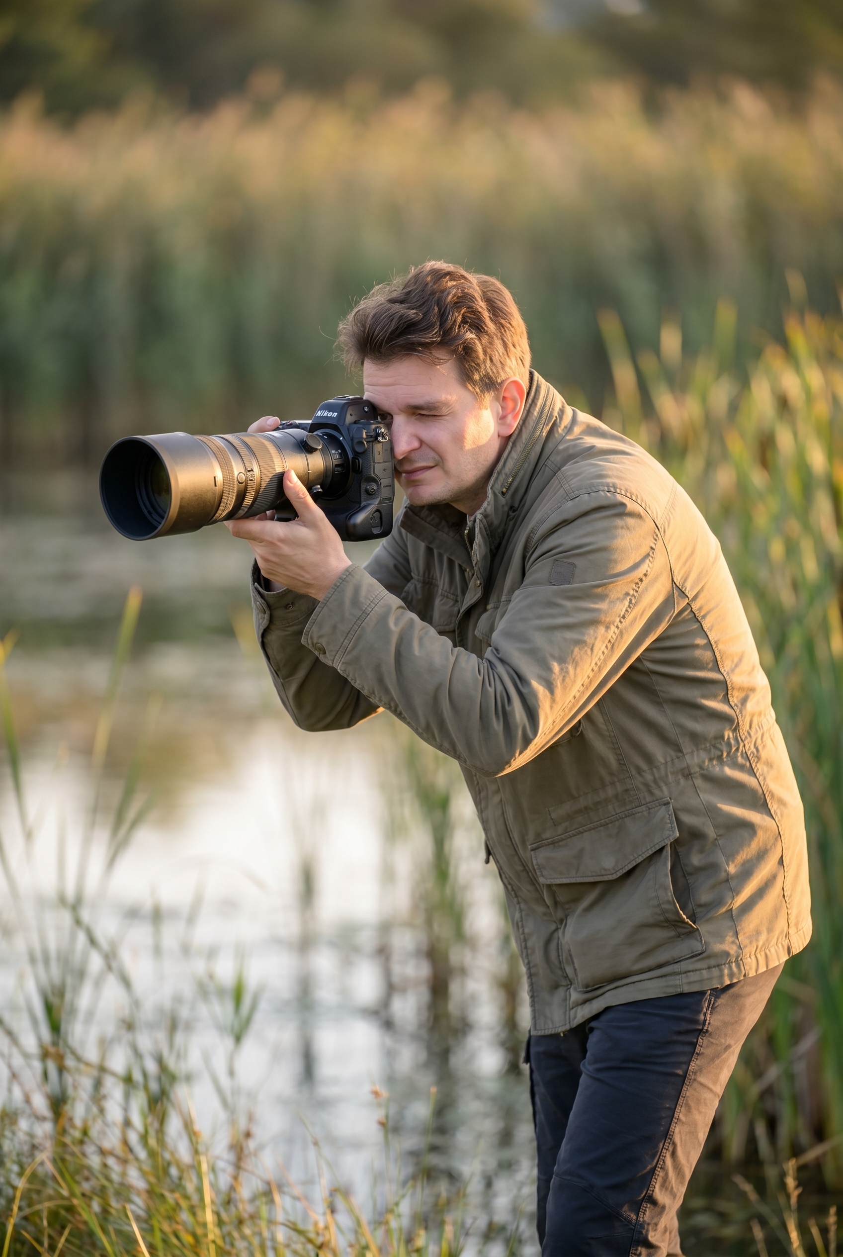 Un photographe utilisant un appareil photo animalière avec un téléobjectif de 500mm dans un marais à l'heure dorée.