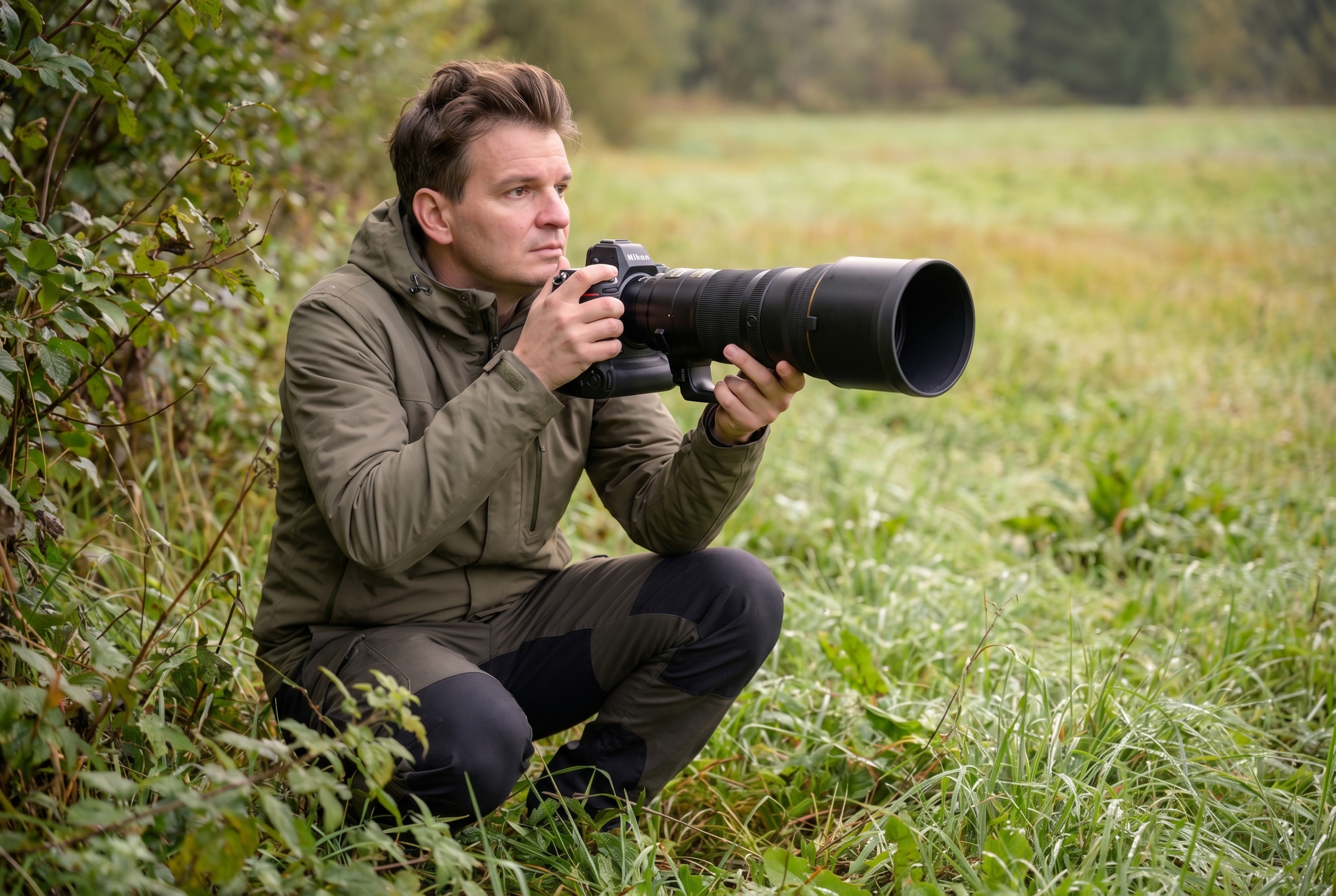 Un photographe animalier débutant accroupi en lisière de forêt, équipé d'un téléobjectif et de vêtements de camouflage vert olive pour apprendre la photo animalière.