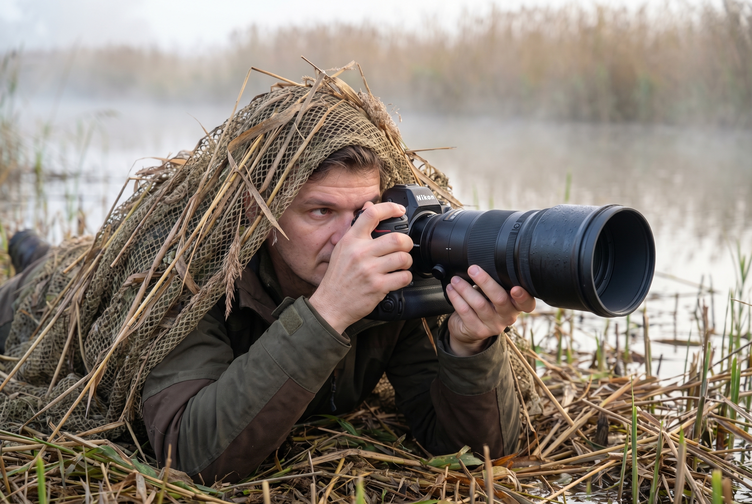 Un photographe animalier débutant en tenue de camouflage utilisant un filet et un téléobjectif dans un marais brumeux.
