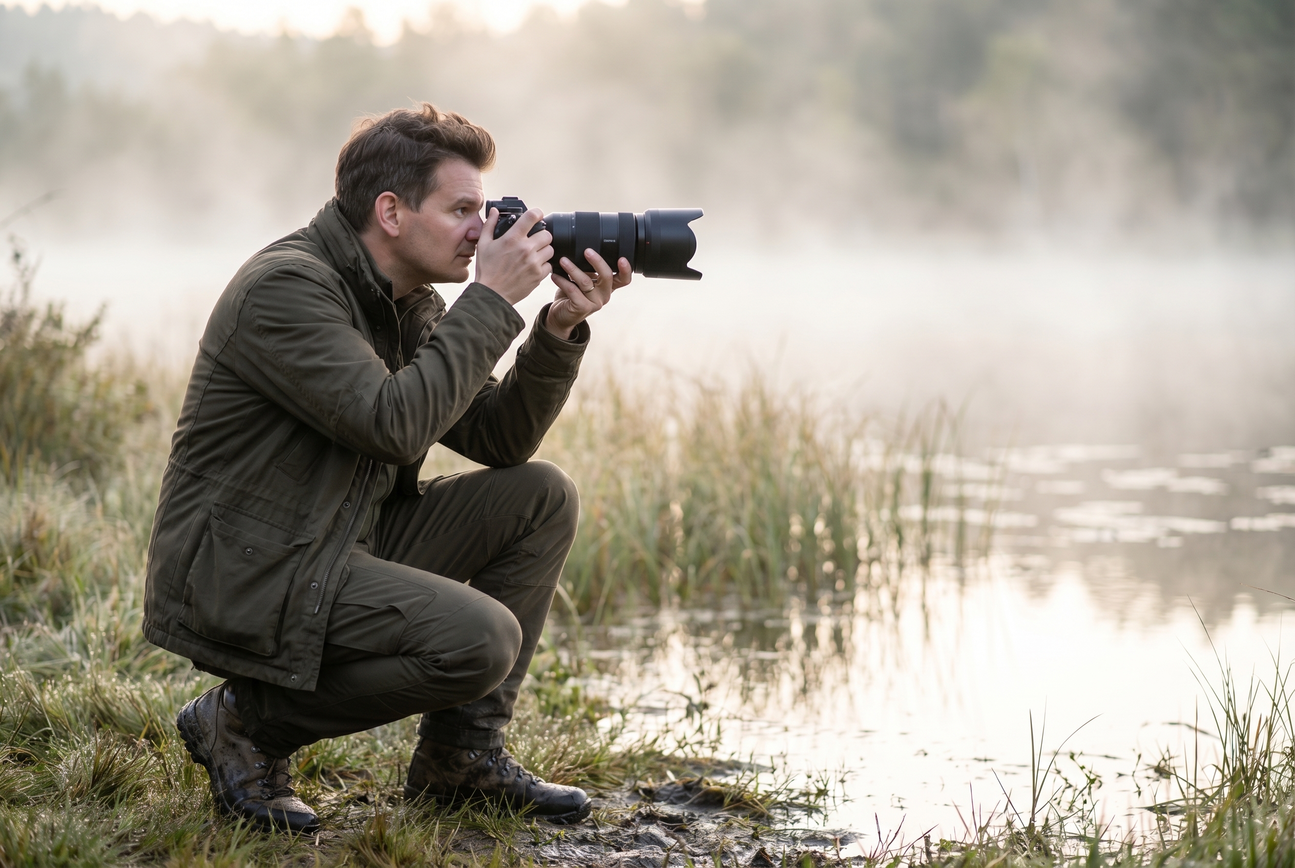 Photographe animalier débutant équipé d'un appareil hybride et d'un téléobjectif, en affût au bord d'un lac brumeux à l'aube.