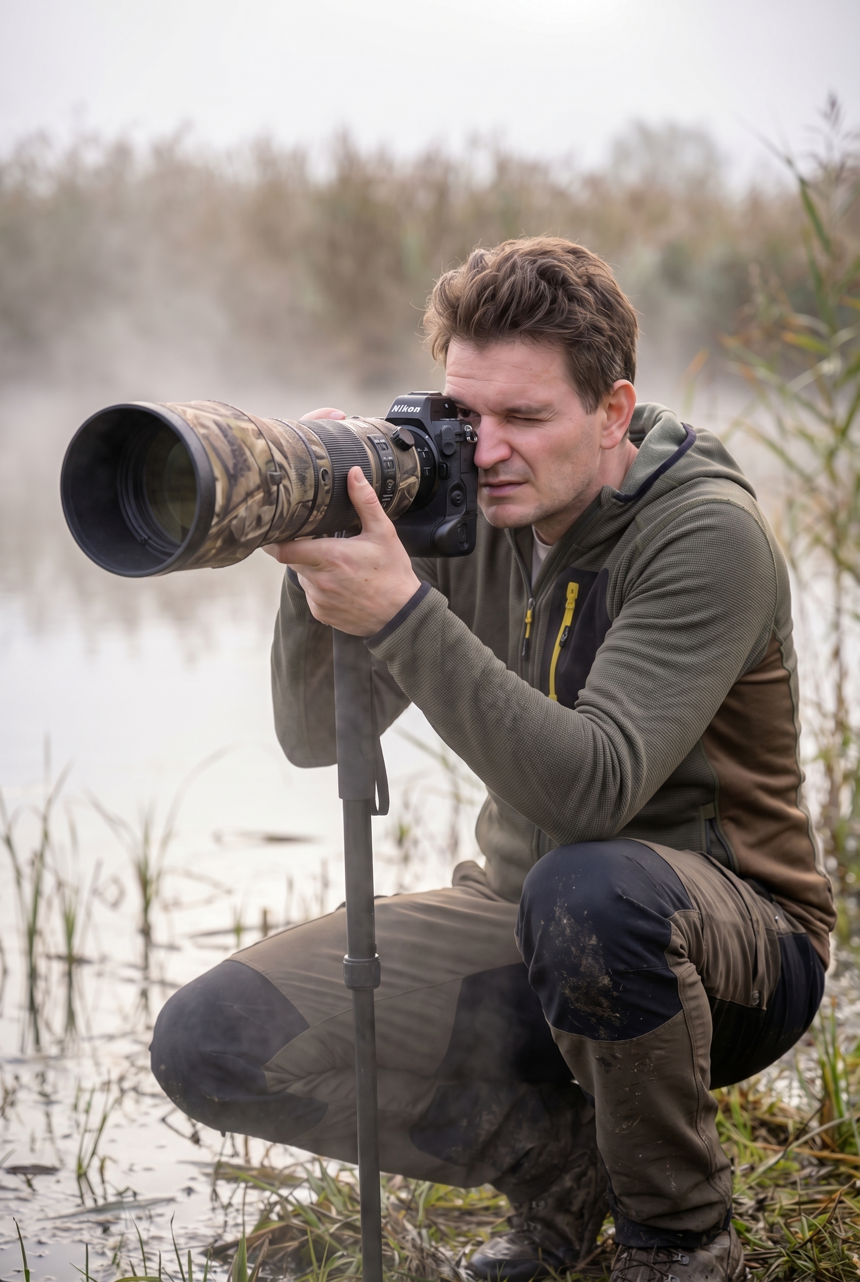 Un photographe animalier débutant accroupi dans un marais à l'aube avec un téléobjectif et un monopode pour obtenir des photos nettes.