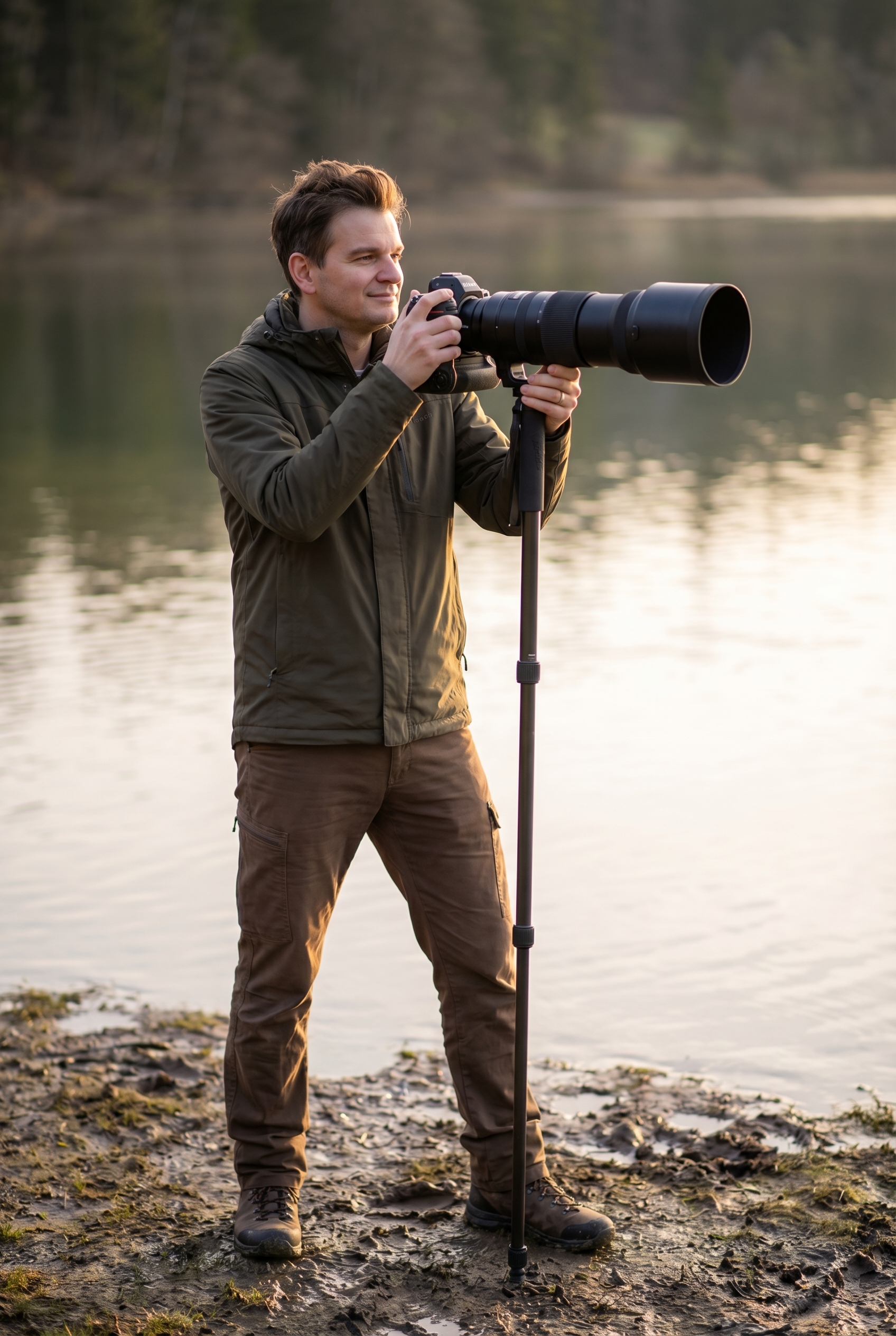 Photographe débutant en photo animalière utilisant un téléobjectif 150-600mm sur un monopode au bord d'un lac à l'heure dorée.