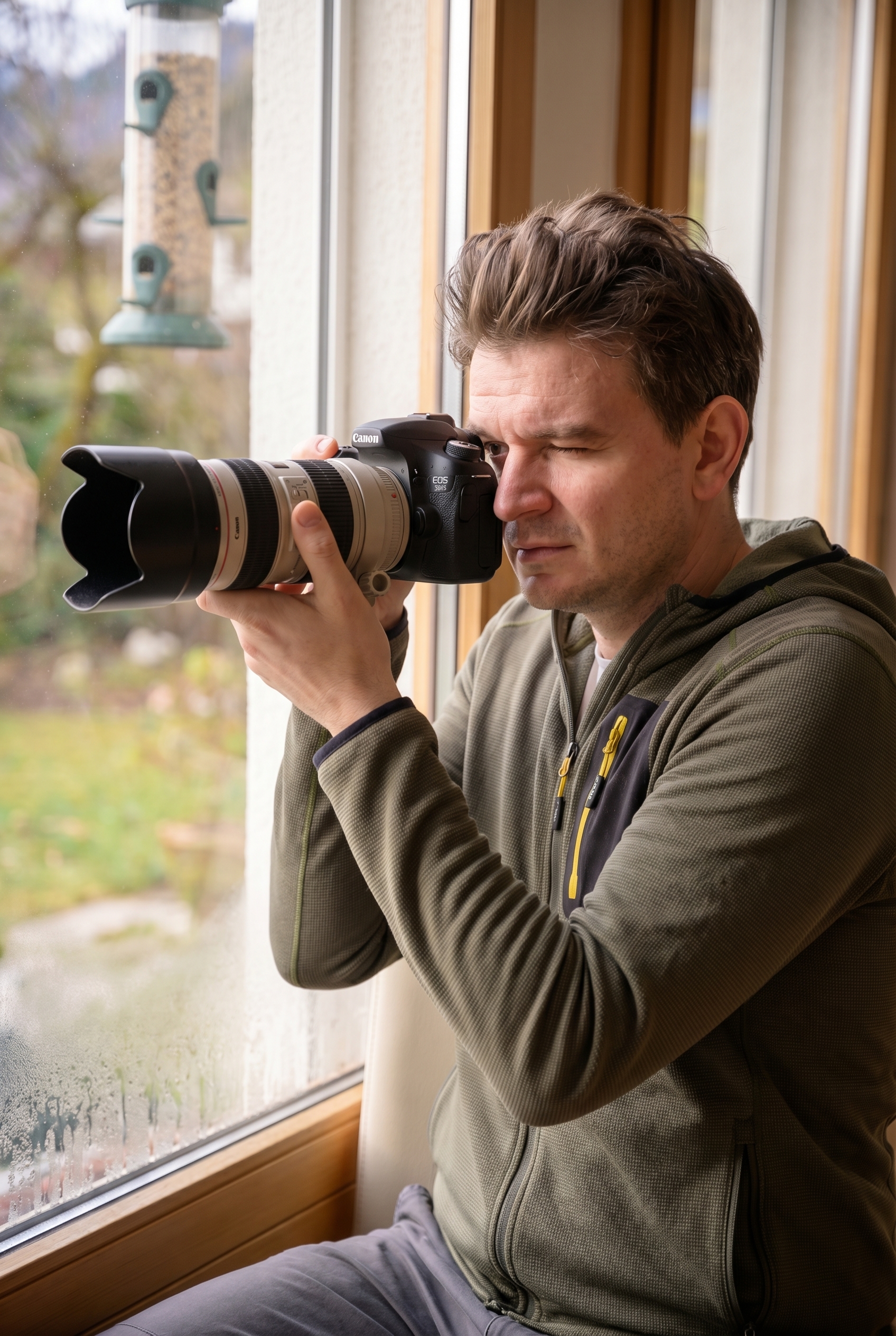 Comment photographier des oiseaux : le guide complet 25 Photographe naturaliste utilisant un téléobjectif Canon près d'une fenêtre pour photographier des oiseaux dans son jardin.