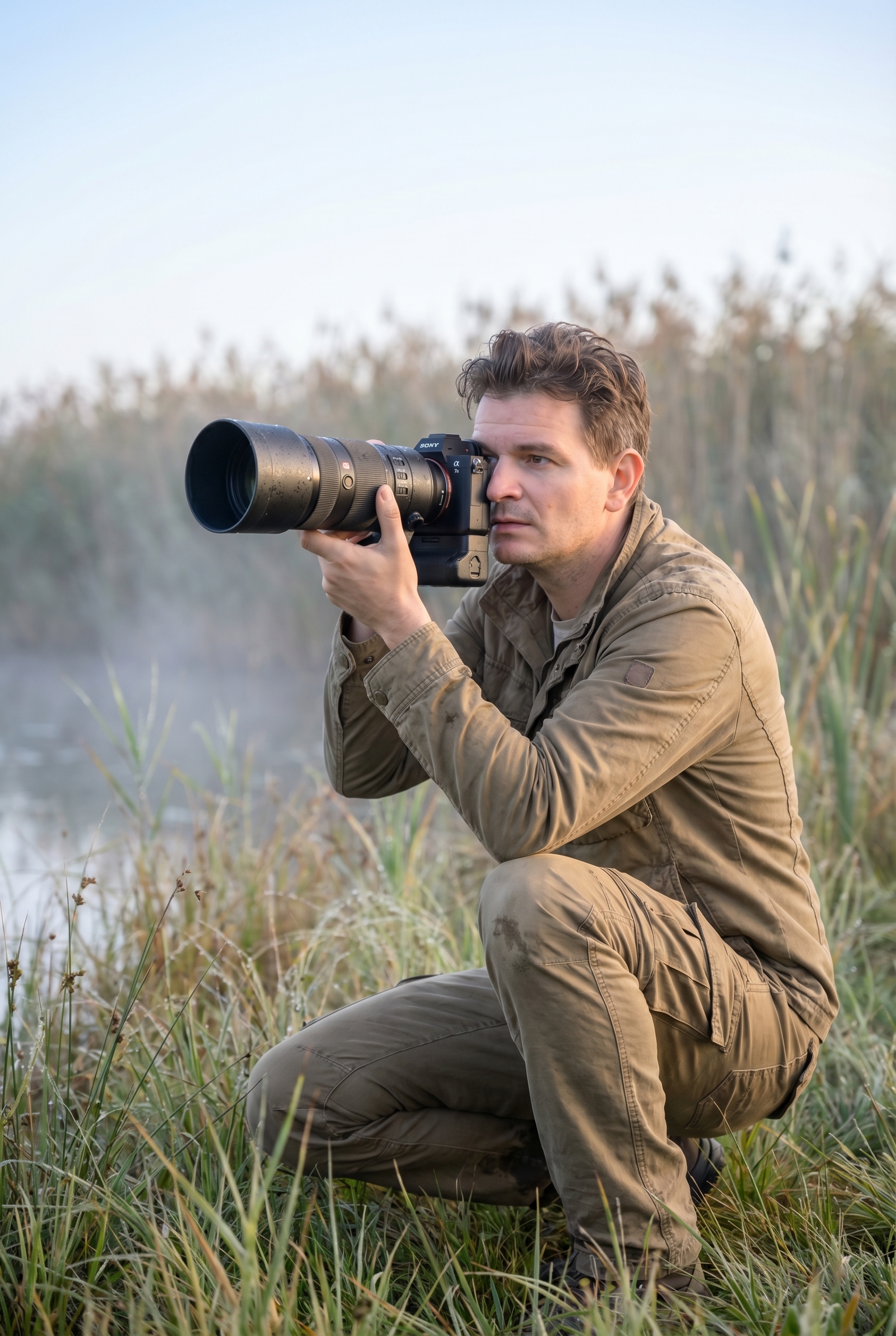 Photographe animalier accroupi dans une prairie brumeuse avec un téléobjectif pour apprendre à photographier des animaux au lever du jour.
