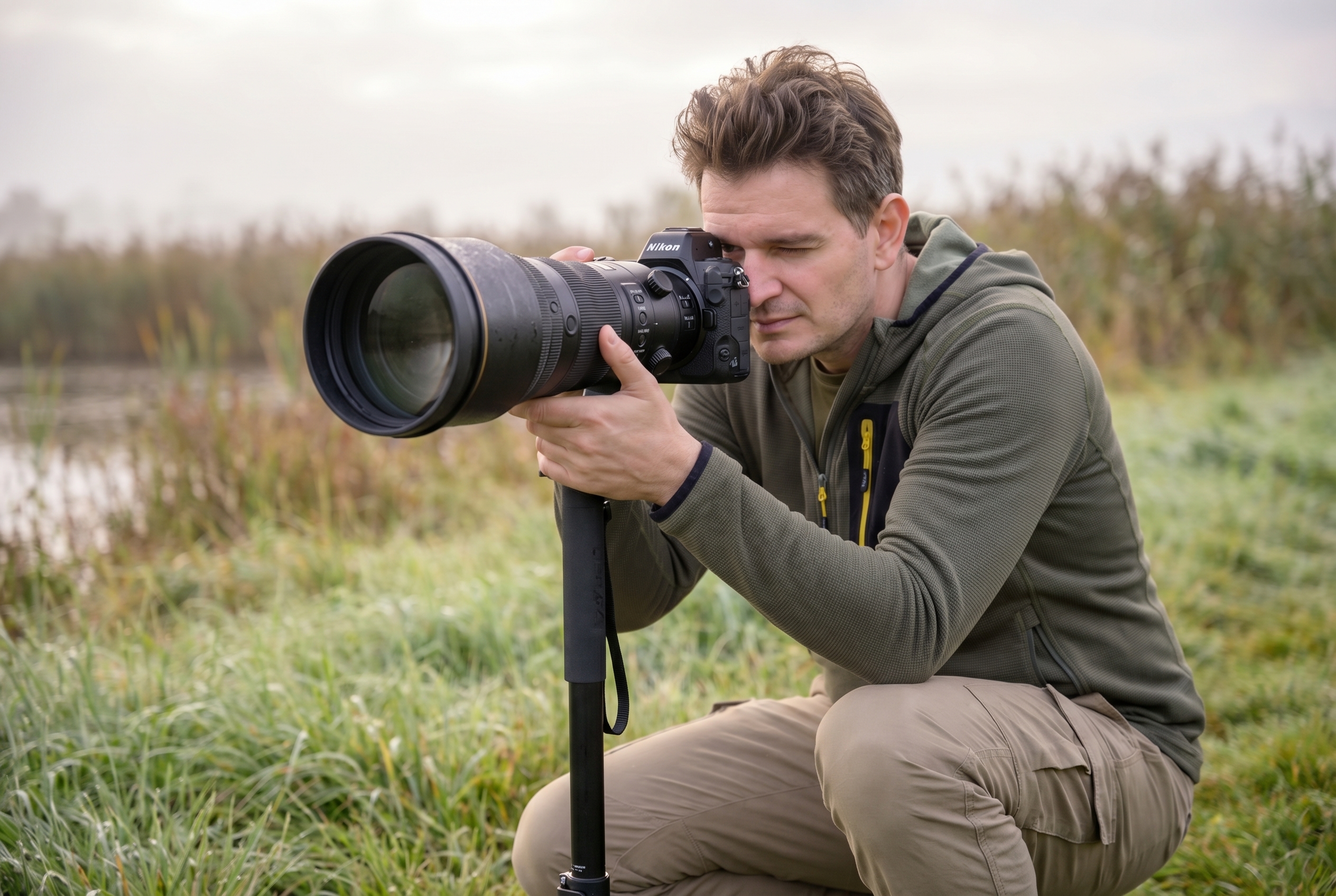 Photographe animalier avec un téléobjectif sur monopode accroupi dans une prairie pour photographier des animaux à l'aube.