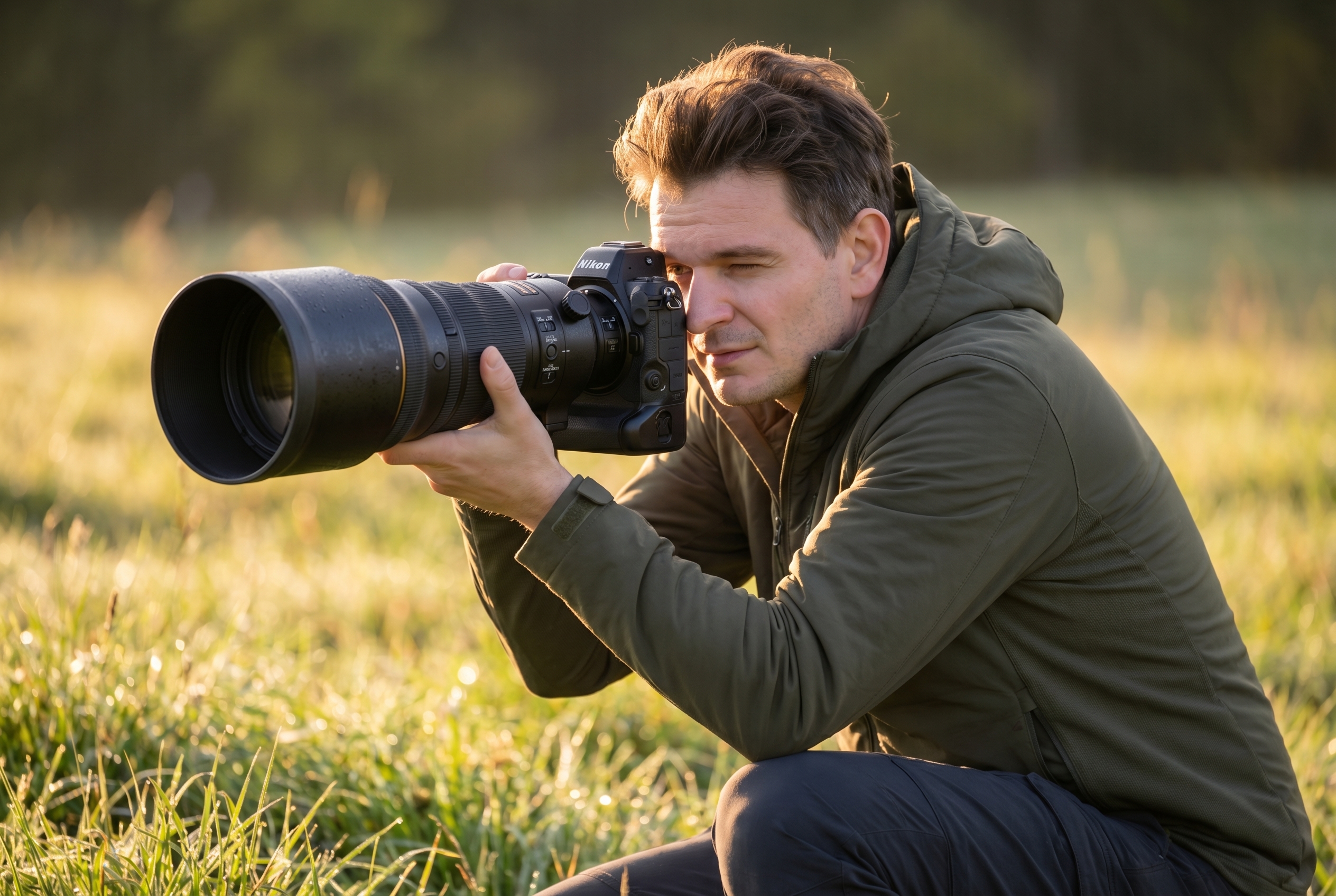 Comment photographier des oiseaux : le guide complet 15 Photographe équipé d'un téléobjectif Nikon accroupi dans une prairie au lever du soleil pour photographier des oiseaux avec discrétion.