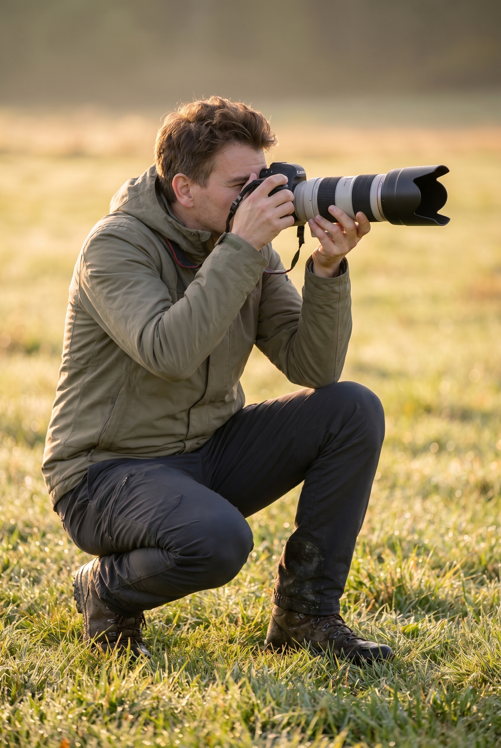 Photographe animalier avec un téléobjectif en pleine nature à l'heure dorée, illustrant notre avis sur Miss Numérique.