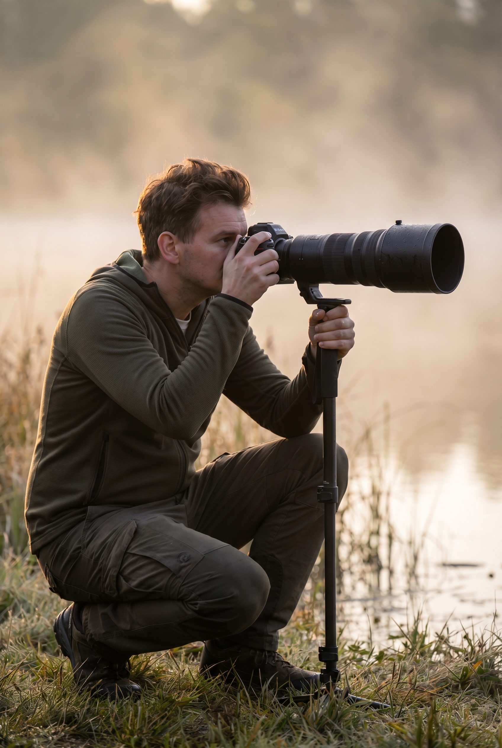 Photographe animalier équipé d'un téléobjectif et d'un monopode en pleine nature au lever du soleil pour illustrer le matériel photo animalière indispensable.