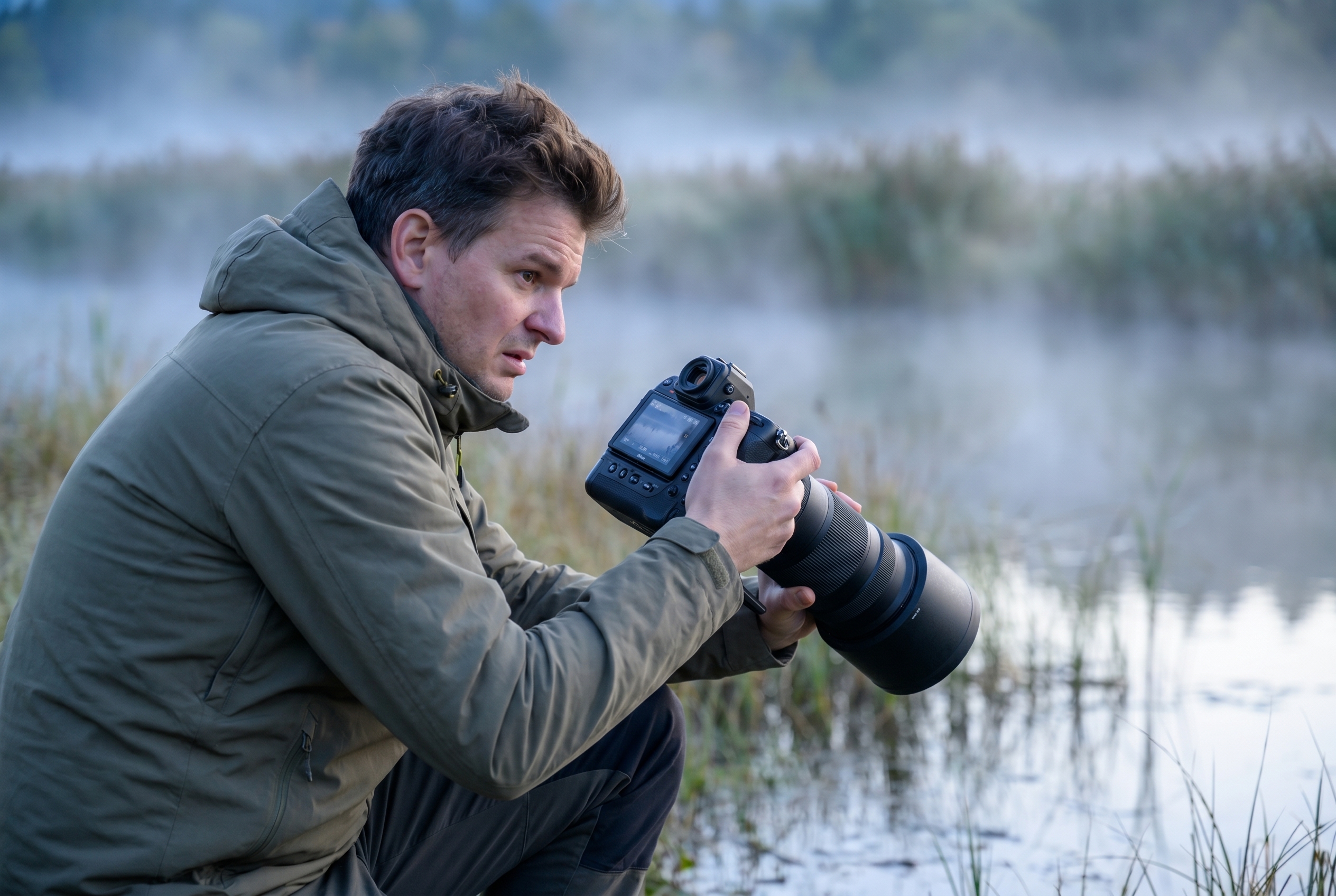 Flou de bougé : 5 astuces pour l'éviter 13 Un photographe animalier à l'aube en zone humide, l'air frustré en regardant l'écran de son appareil photo Nikon Z8 après un problème de flou de bougé.