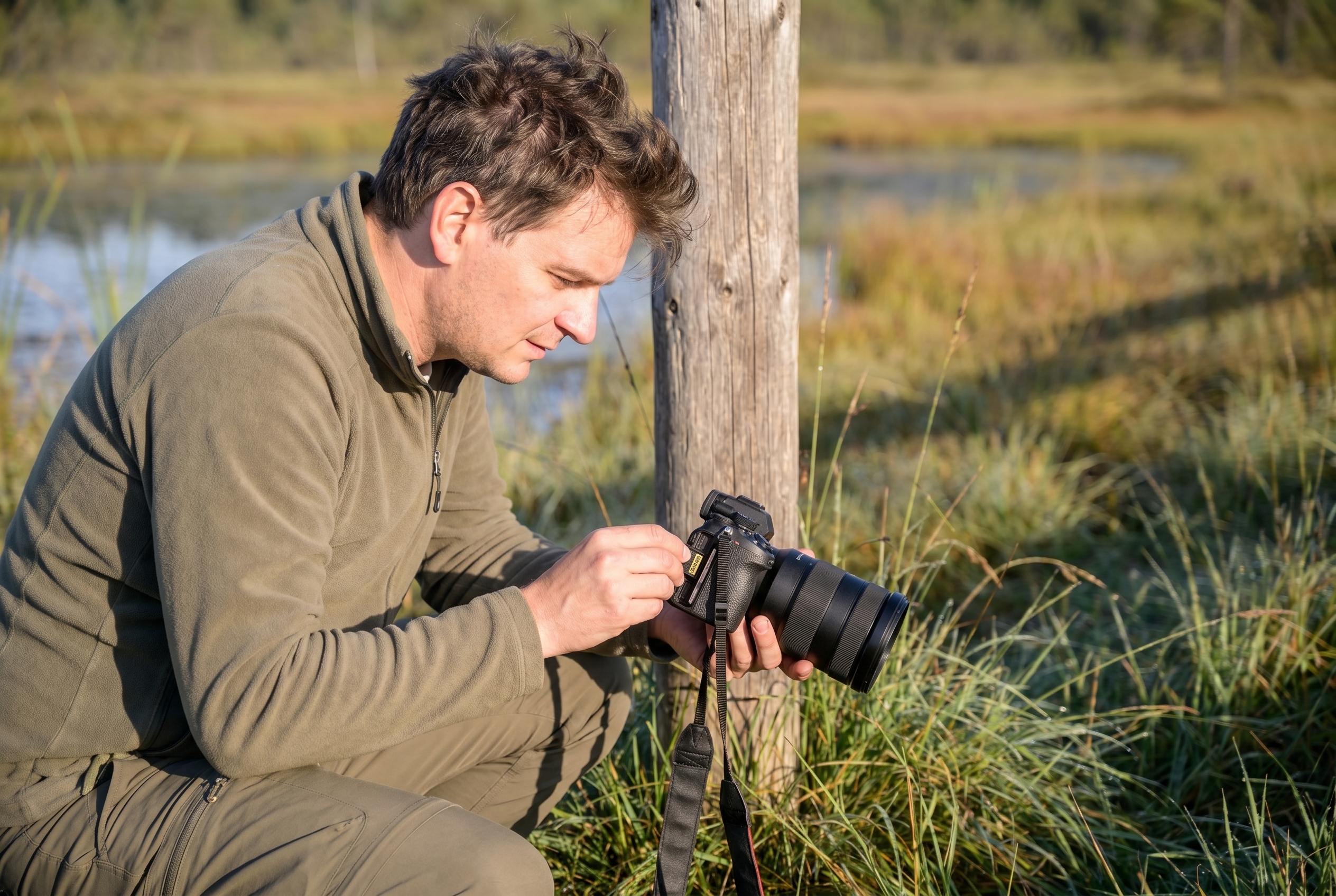 Photographe de nature accroupi en zone humide insérant une carte mémoire SD de 64 Go dans son appareil photo hybride Nikon Z8 au lever du soleil.
