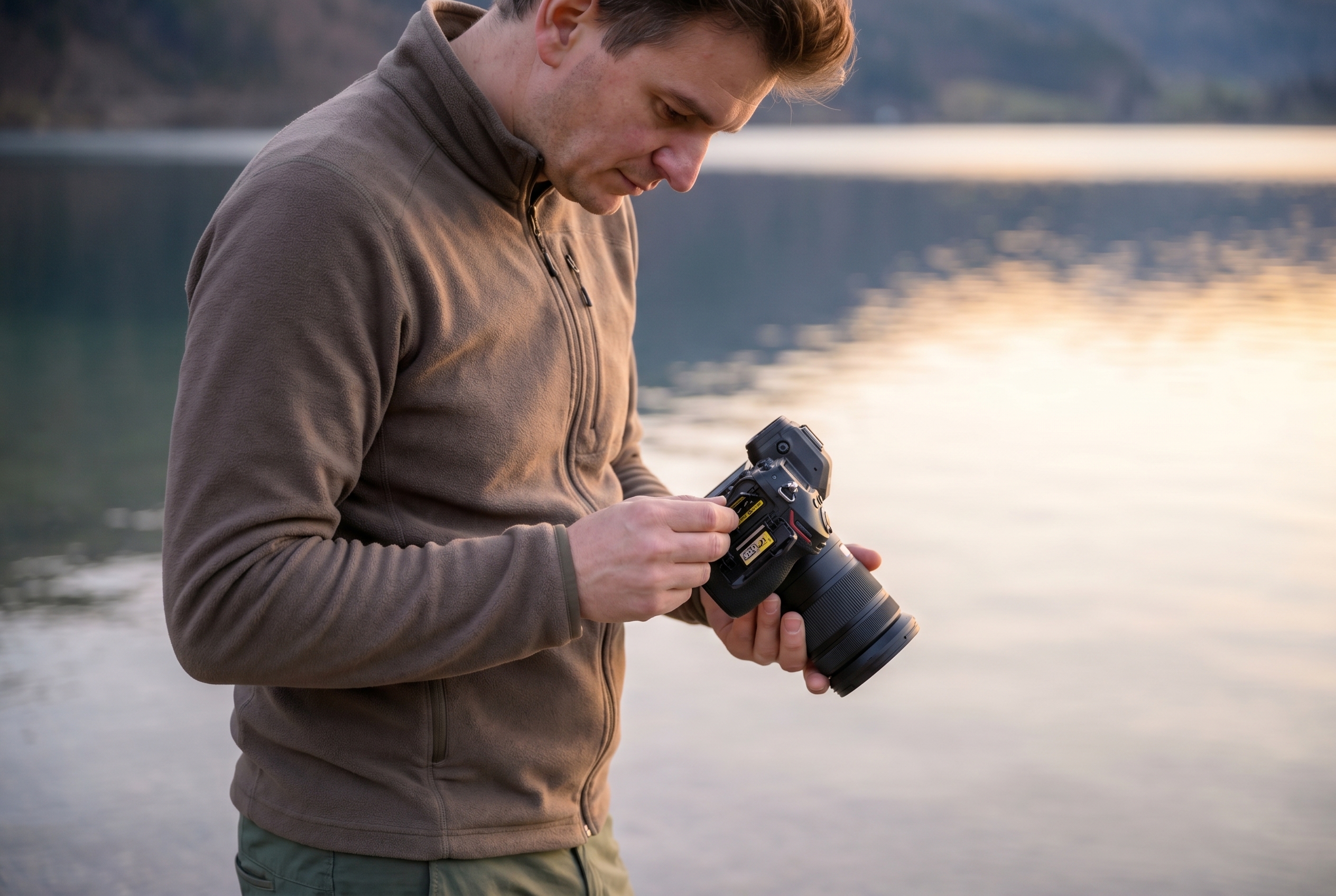 Photographe naturaliste insérant une carte mémoire de 64 Go dans le double emplacement de son boîtier Nikon Z8 au bord d'un lac.