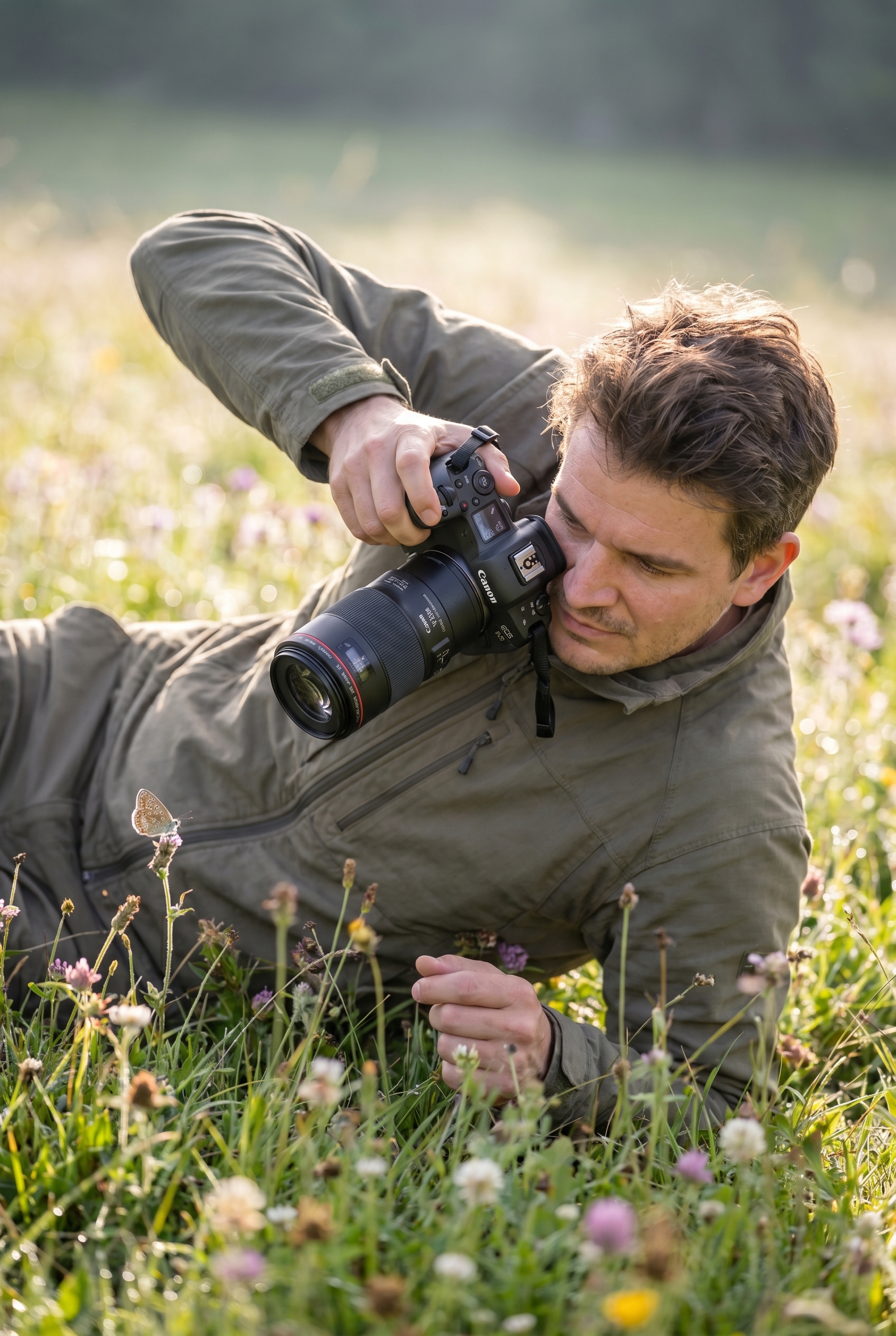 Photographe animalier allongé dans une prairie de fleurs sauvages utilisant un objectif macro 100mm pour photographier les papillons au ras du sol.