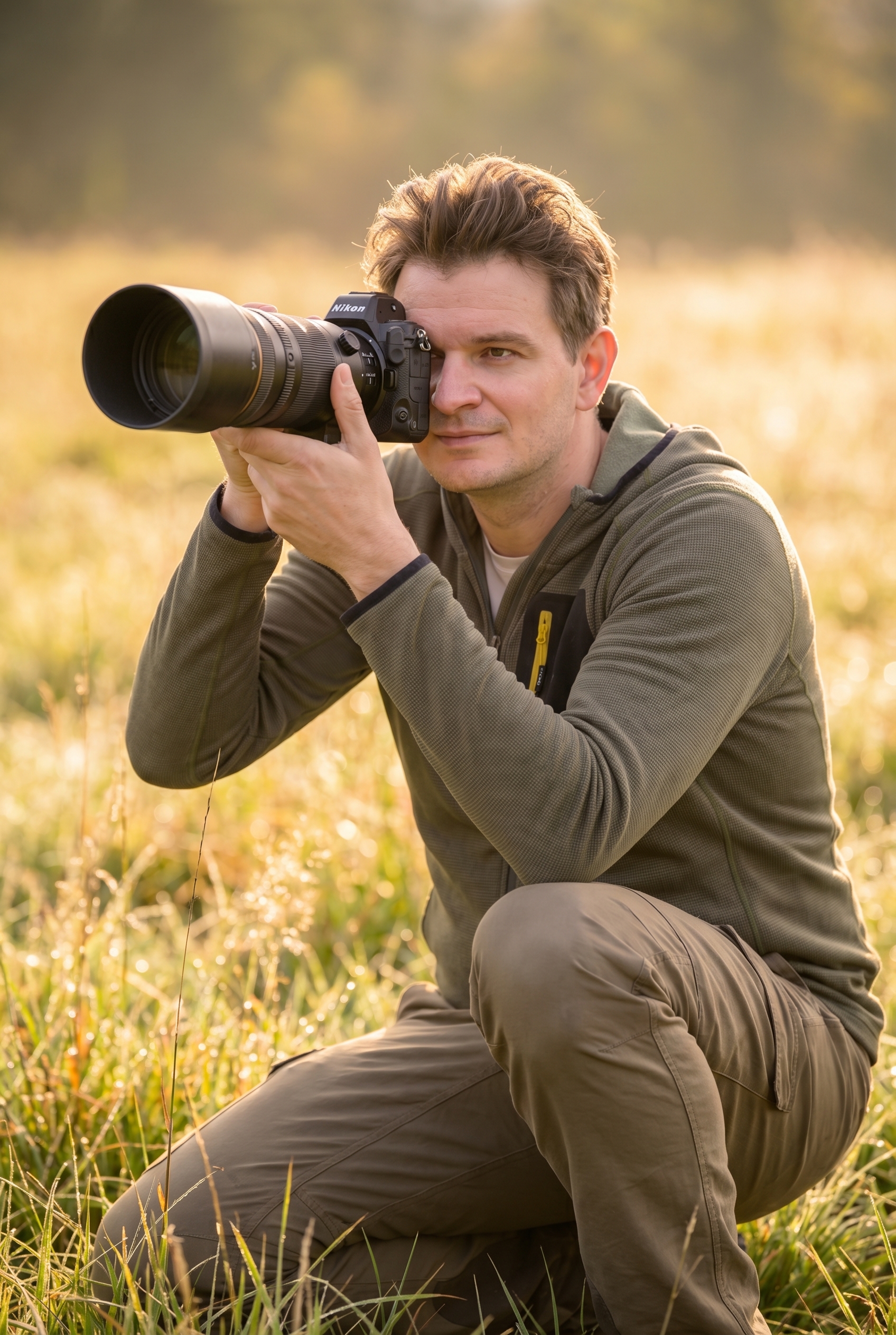 Photographe animalier avec un téléobjectif de 400mm et un boîtier hybride illustrant le matériel de photo animalière recommandé pour débuter.