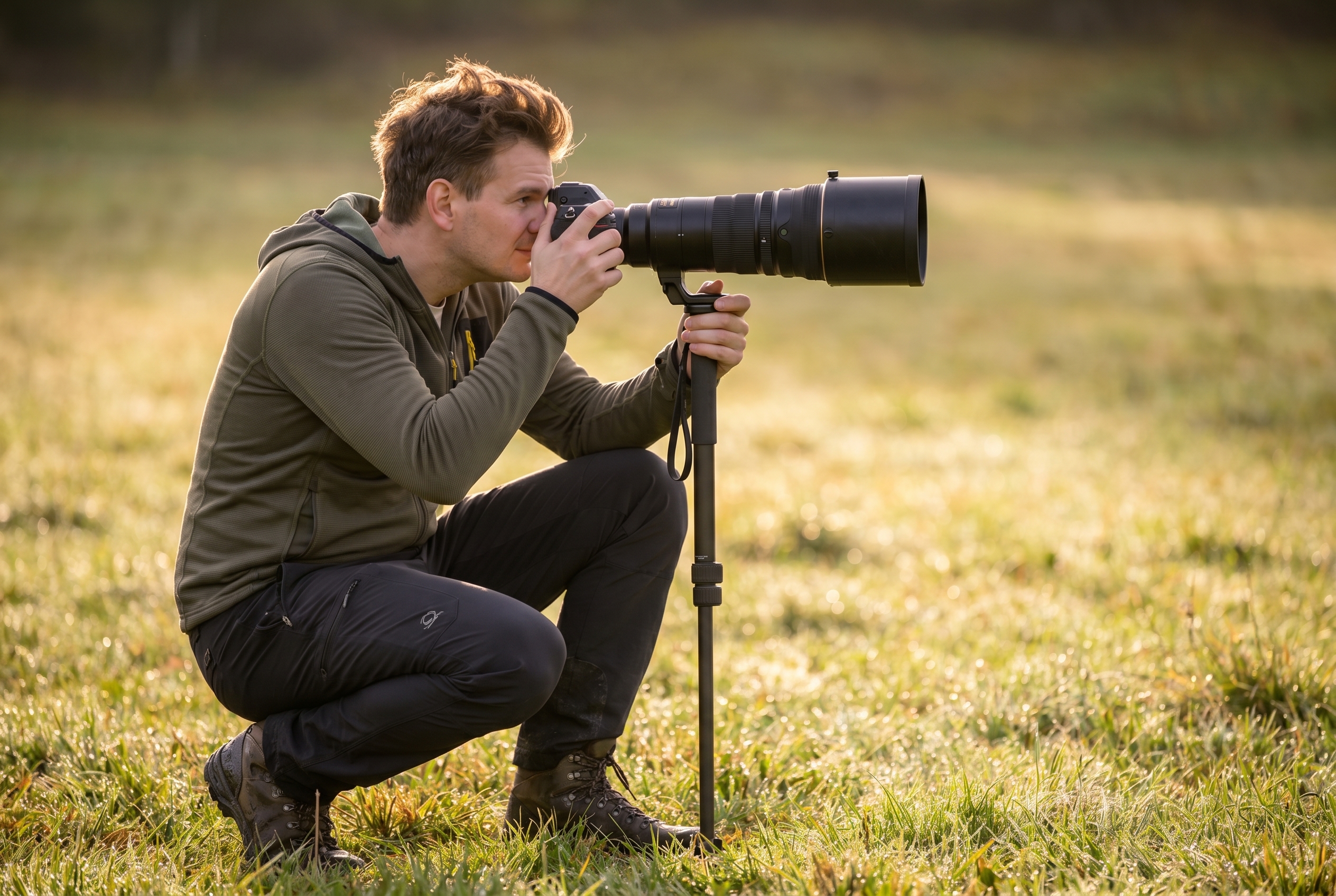 Un photographe animalier professionnel accroupi dans une prairie avec un Nikon Z8 et un long téléobjectif, illustrant les débouchés techniques du BTS photographie.