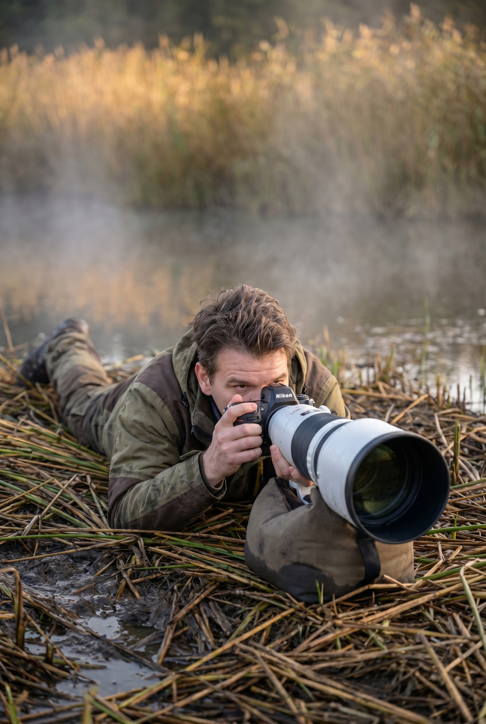 Photographe animalier en affût dans un marais à l'aube avec un téléobjectif 600mm, illustrant les compétences techniques d'un pro du BTS photographie.