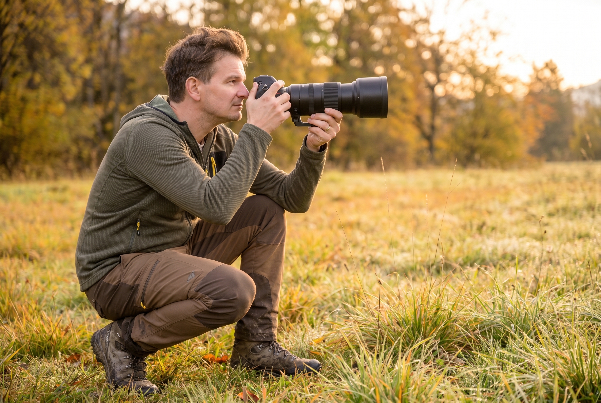 Salaire photographe animalier : combien peut-on vraiment gagner ? 19 Photographe animalier professionnel avec téléobjectif à l'affût dans une prairie en automne, illustrant la réalité du métier et de son salaire.