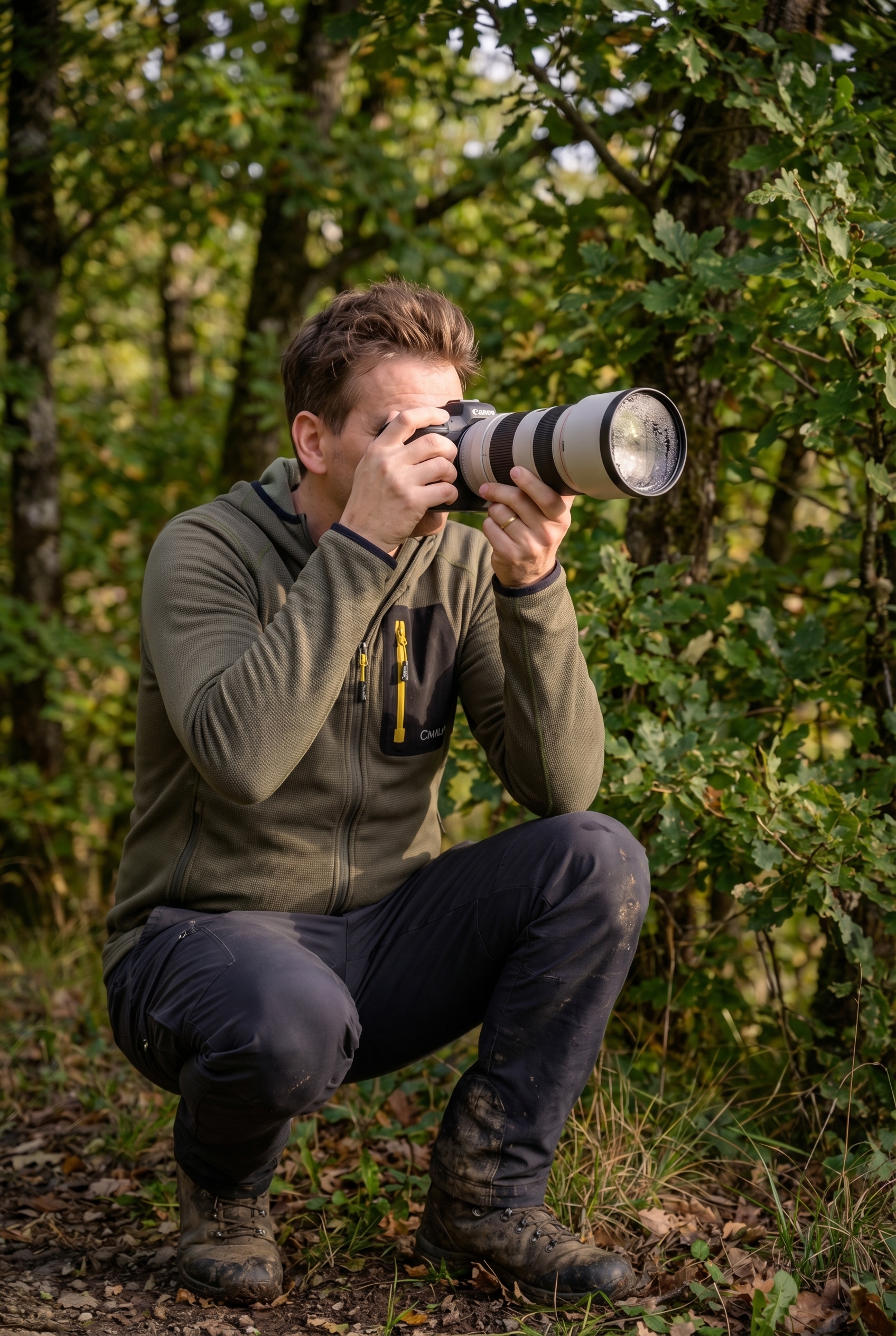 Sensibilité ISO : tout comprendre pour des photos sans bruit 21 Photographe animalier en forêt ajustant sa sensibilité ISO pour capturer un oiseau dans une lumière matinale tamisée.