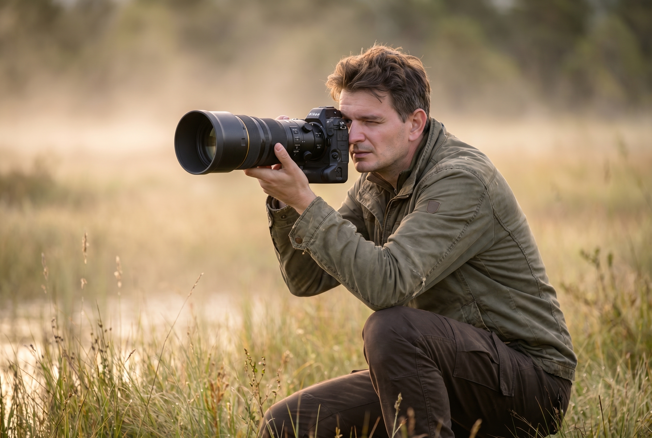 Photographe de nature accroupi dans une prairie brumeuse utilisant la grille de la règle des tiers sur son appareil photo Nikon Z8.
