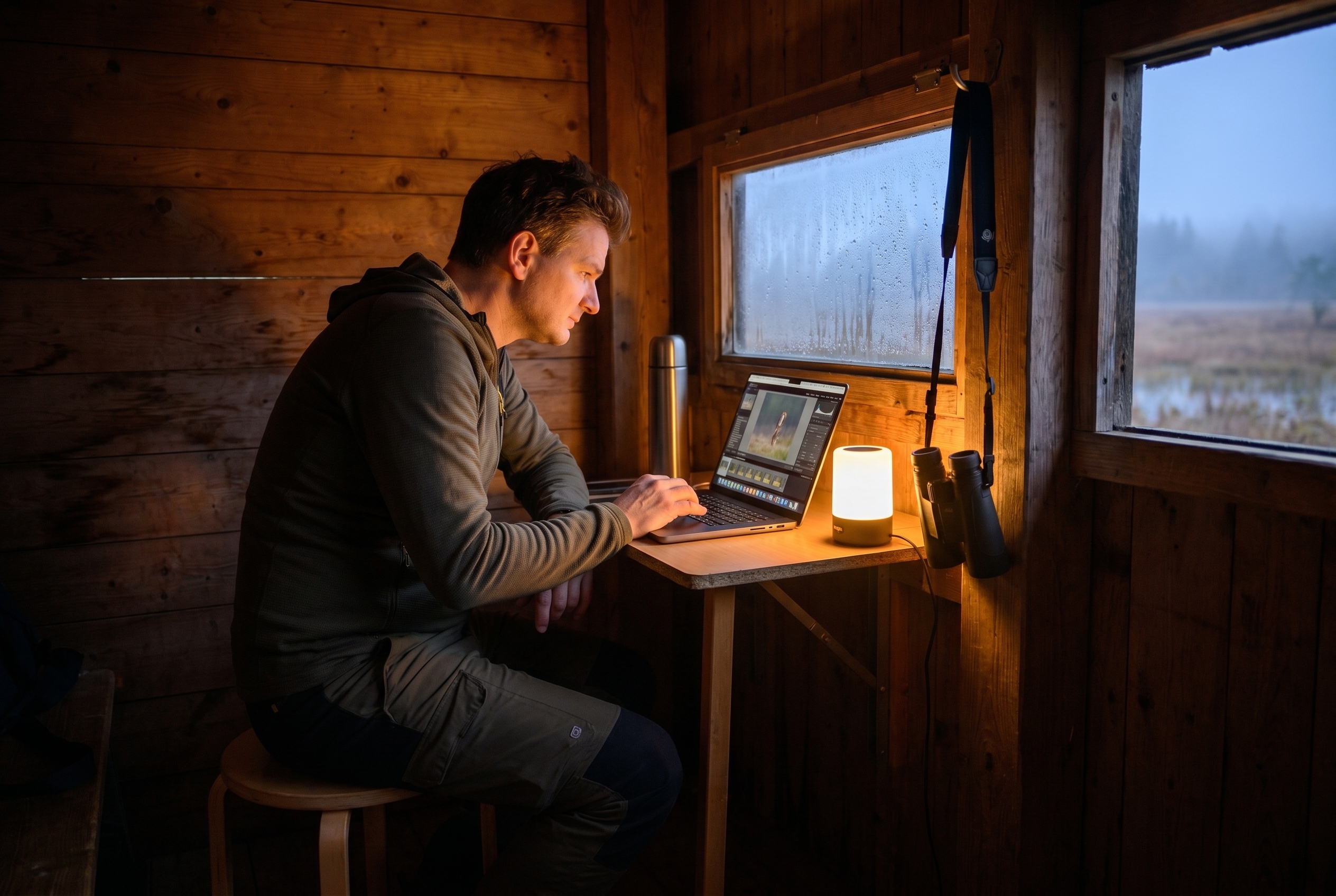 Photographe de nature assis dans un affût à l'aube utilisant un ordinateur portable pour trier ses photos RAW, illustrant la recherche d'une alternative à Photoshop.