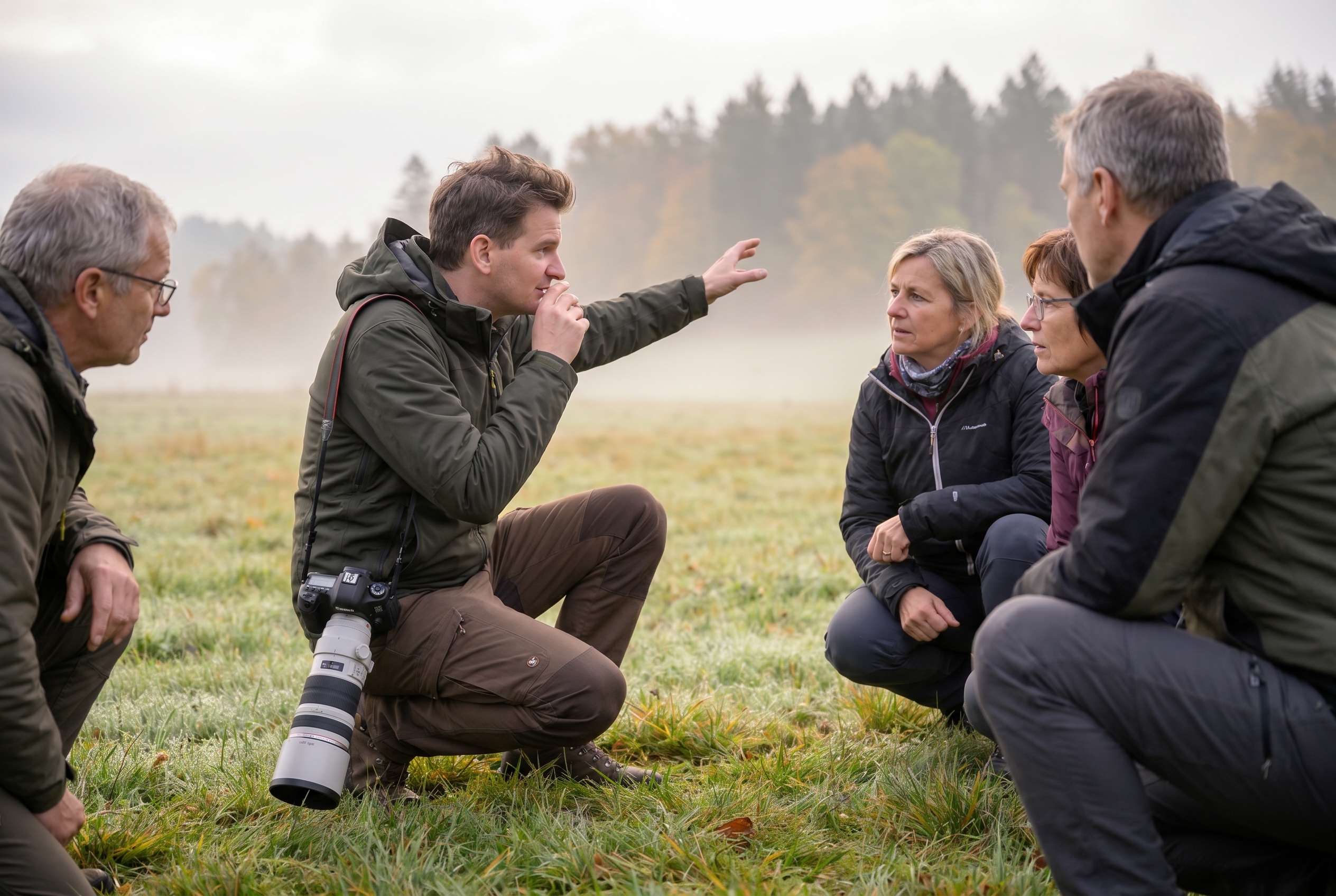 Salaire photographe animalier : combien peut-on vraiment gagner ? 27 Photographe animalier professionnel animant un stage de terrain en forêt pour compléter son salaire.