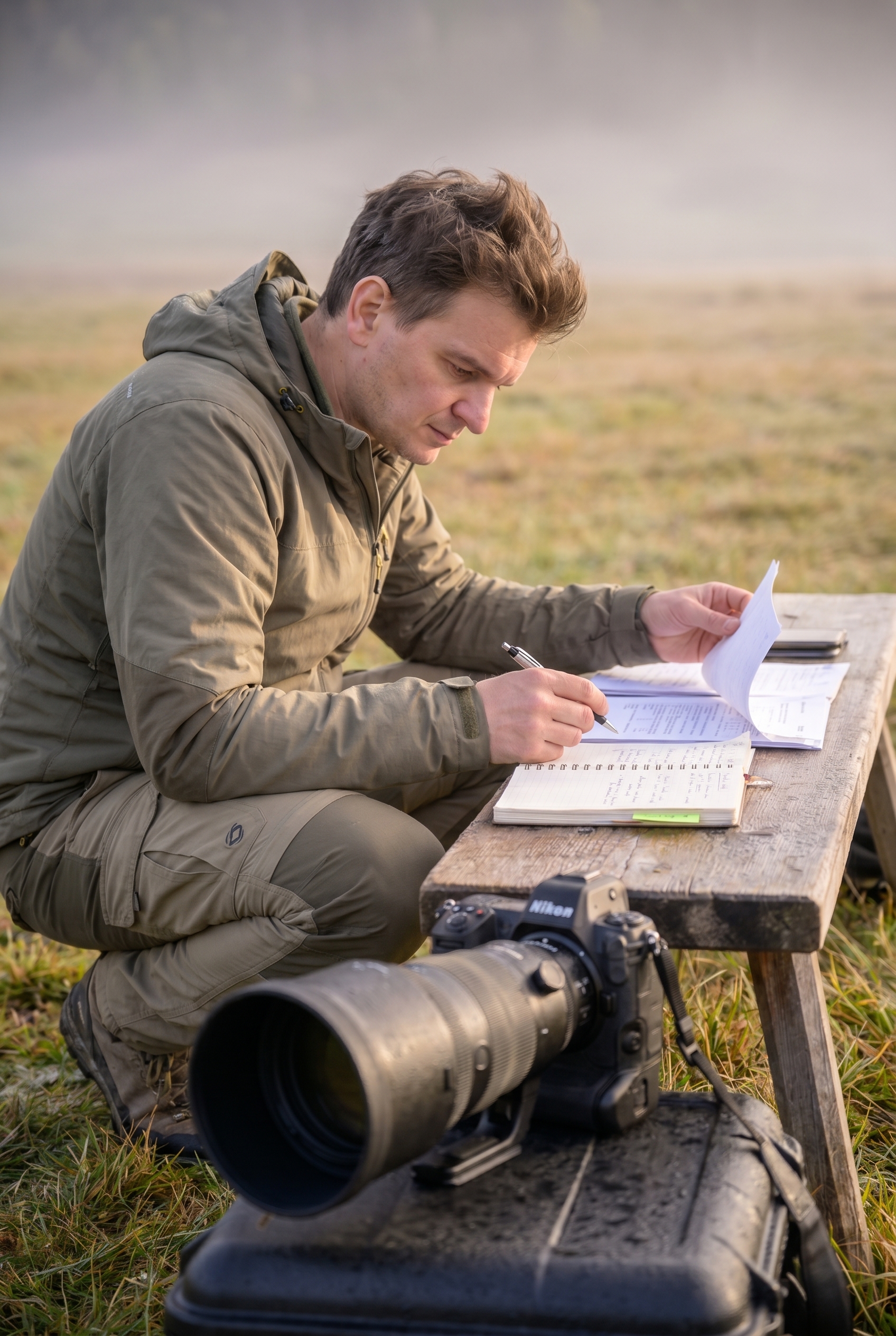 Salaire photographe animalier : combien peut-on vraiment gagner ? 15 Photographe animalier professionnel examinant des documents comptables et des notes sur un bureau en plein air pour calculer son salaire.