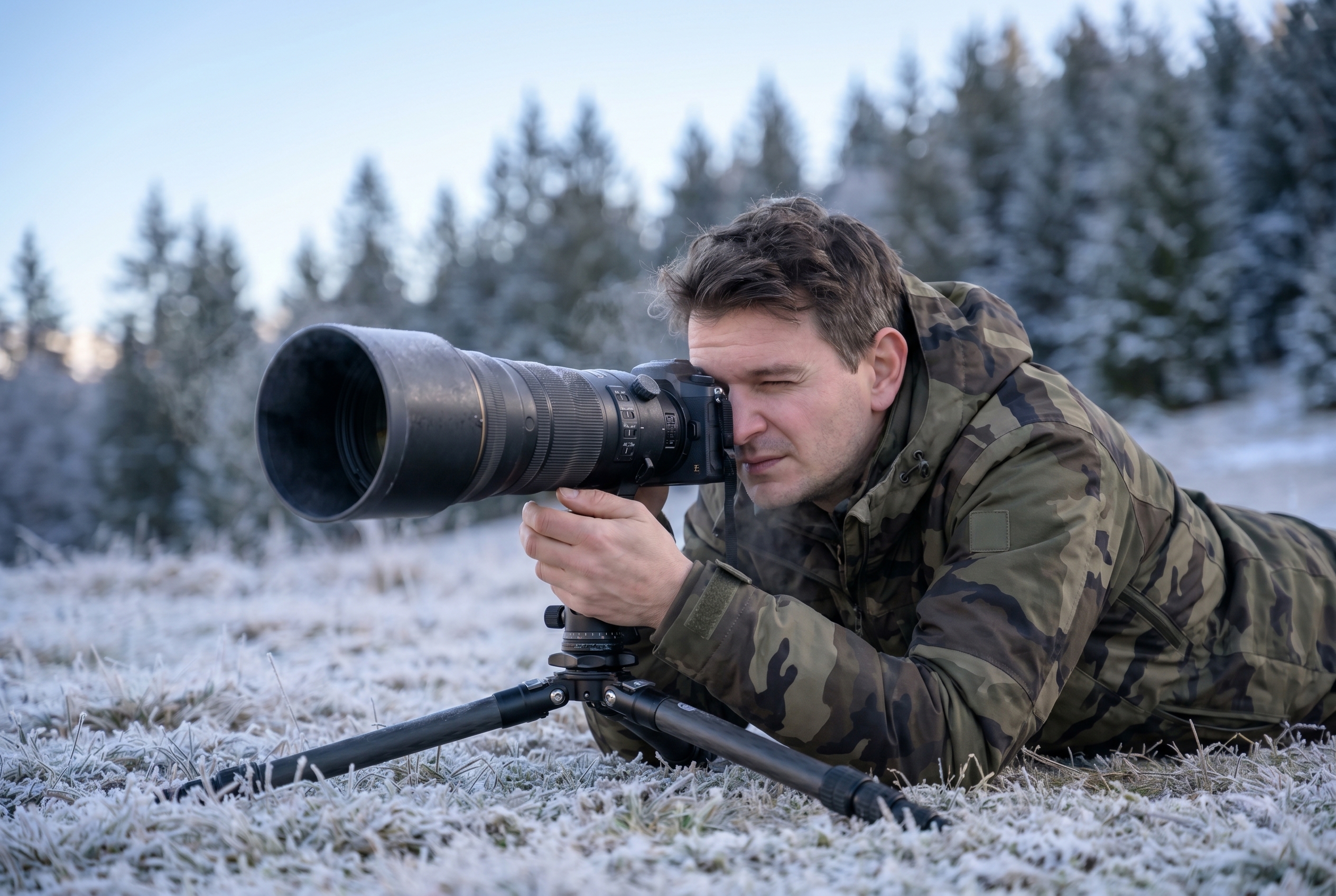 Salaire photographe animalier : combien peut-on vraiment gagner ? 22 Un photographe animalier professionnel en tenue de camouflage allongé dans le givre à l'aube avec un téléobjectif 600mm, illustrant la réalité exigeante du métier.