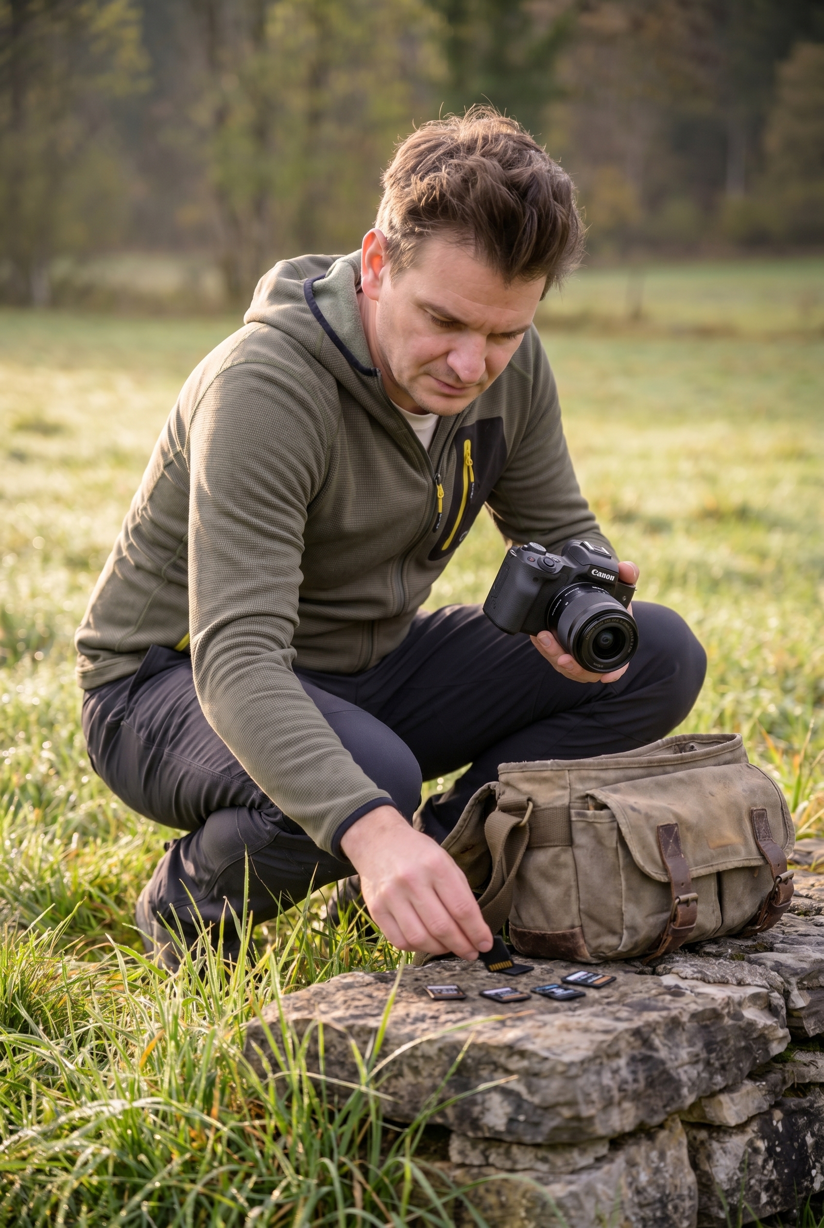 Un photographe de nature accroupi dans une prairie matinale choisissant une carte SD de 64 Go pour estimer combien de photos il pourra stocker.