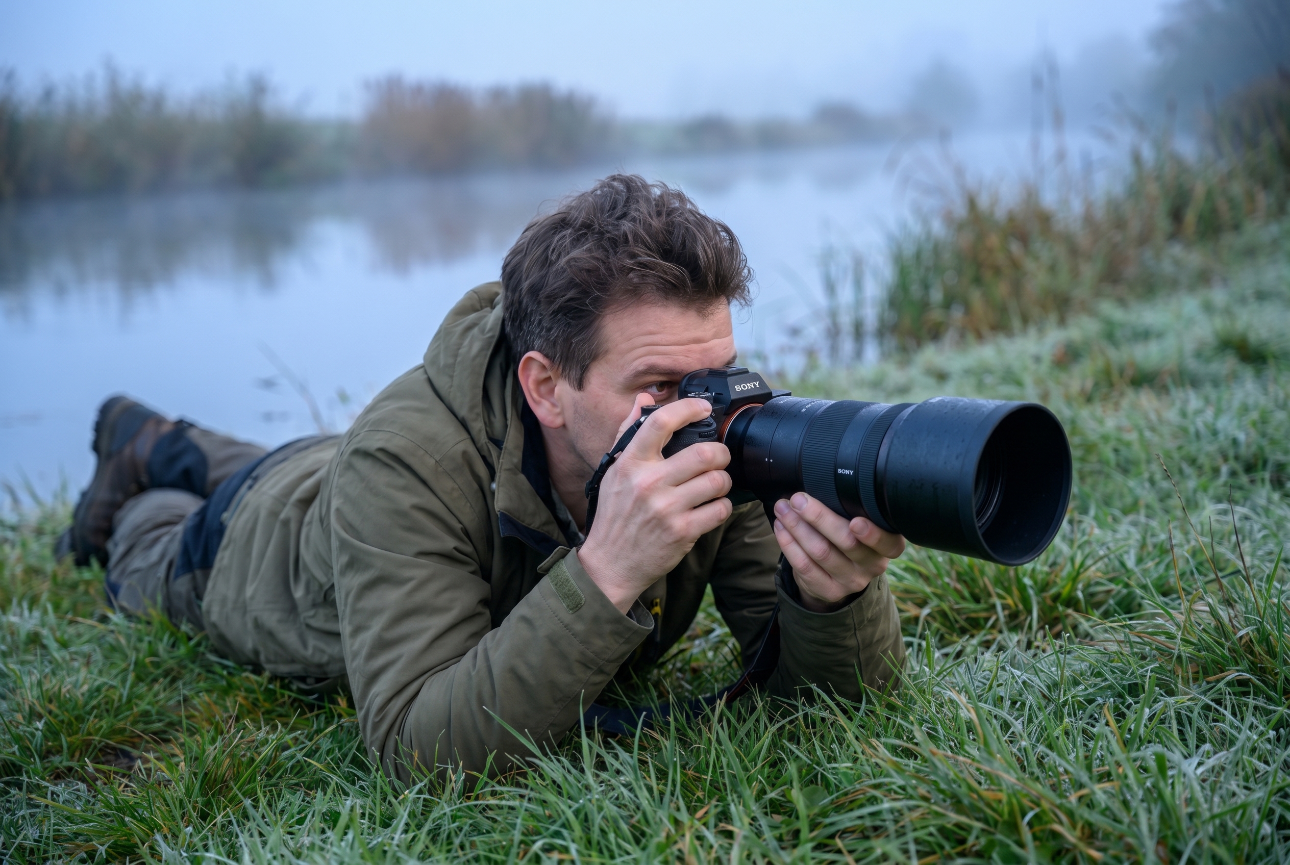 Un photographe de nature allongé dans l'herbe à l'aube, utilisant une marque d'appareil photo hybride Sony et un 400mm pour de la photographie animalière.