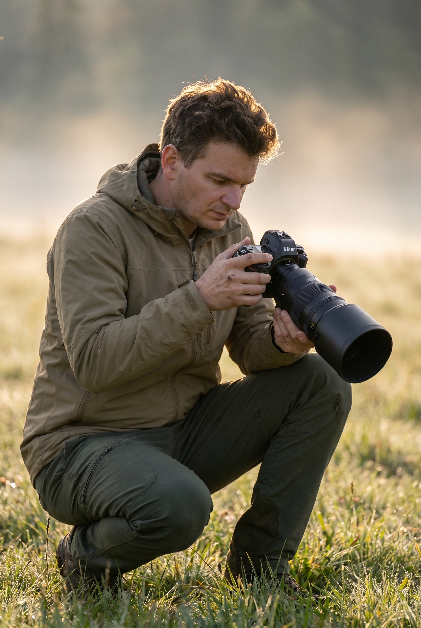 Photographe naturaliste à l'affût vérifiant ses clichés sur l'écran de son boîtier, illustrant la gestion du stockage sur une carte de 64 Go.