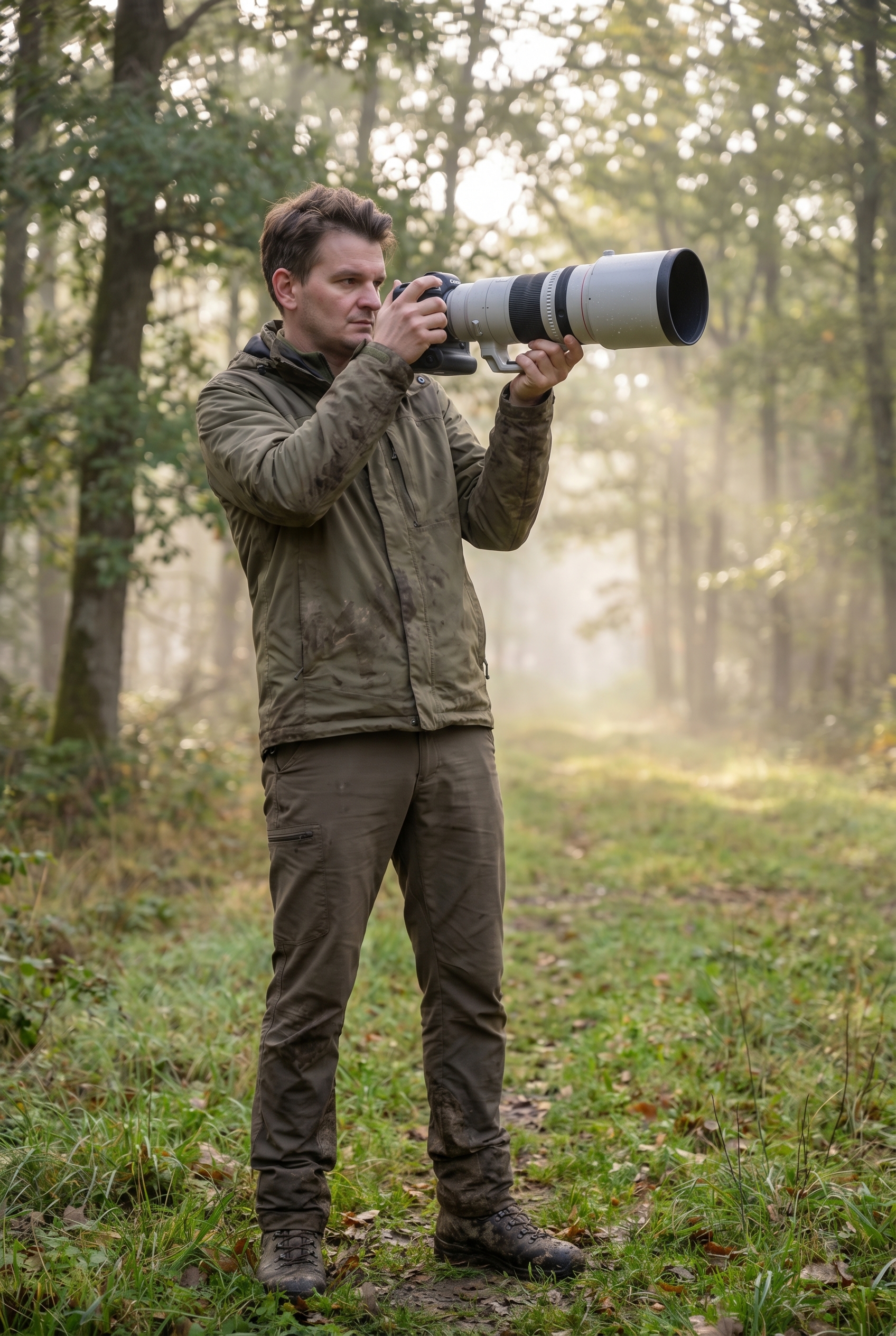 Un photographe naturaliste portant un lourd téléobjectif en forêt à l'aube, illustrant le besoin d'une vitesse d'obturation élevée pour éviter le flou de bougé.
