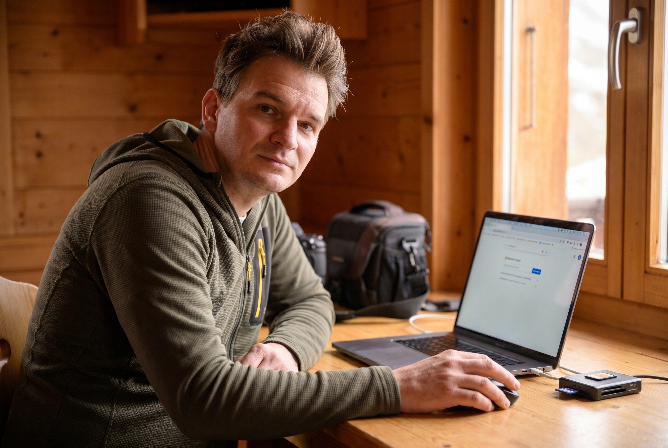 Photographe animalier utilisant un ordinateur dans un chalet pour choisir une alternative à Photoshop sans abonnement.