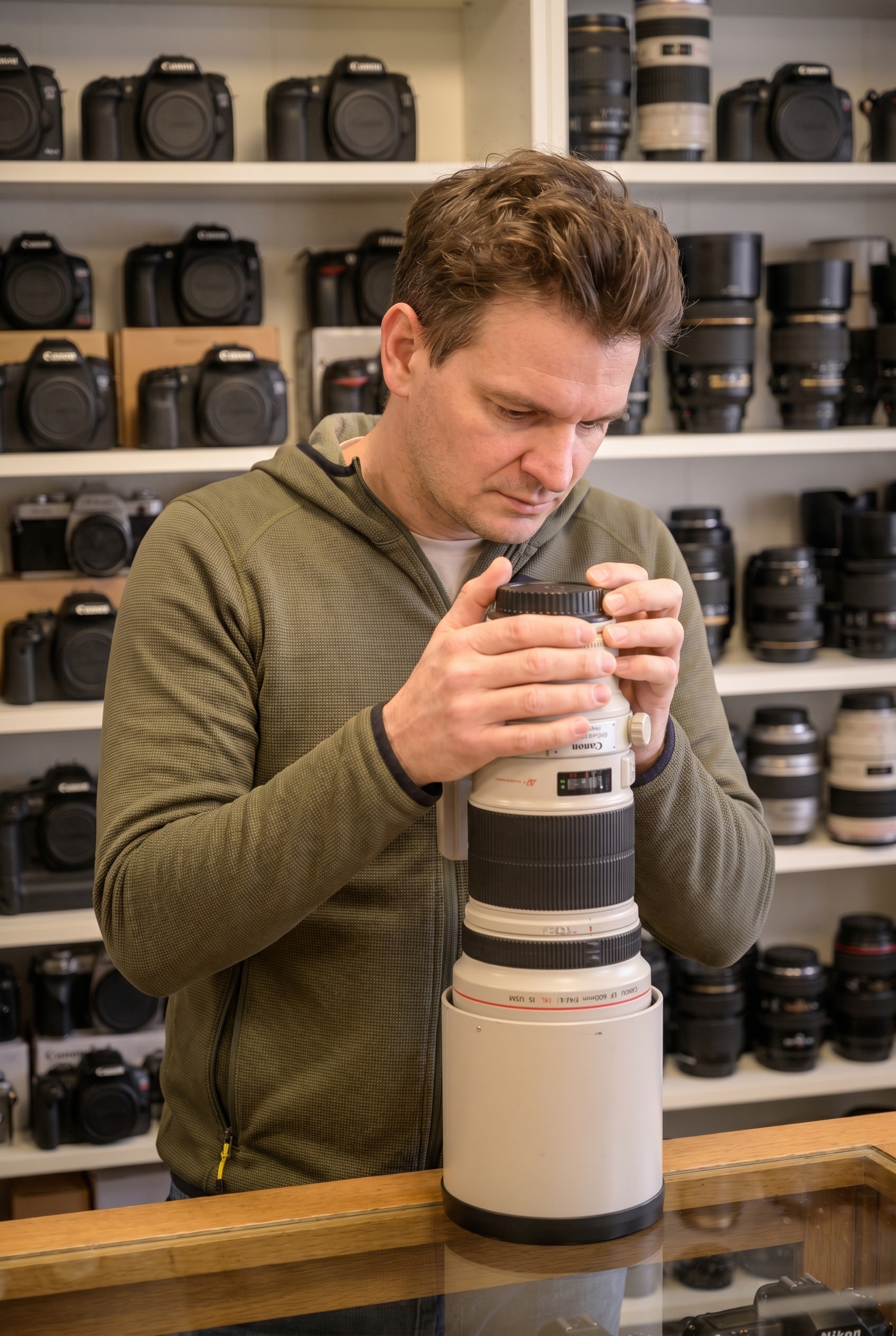Jeune photographe naturaliste examinant un téléobjectif Canon blanc dans une boutique de seconde main pour choisir son premier équipement canon ou nikon.