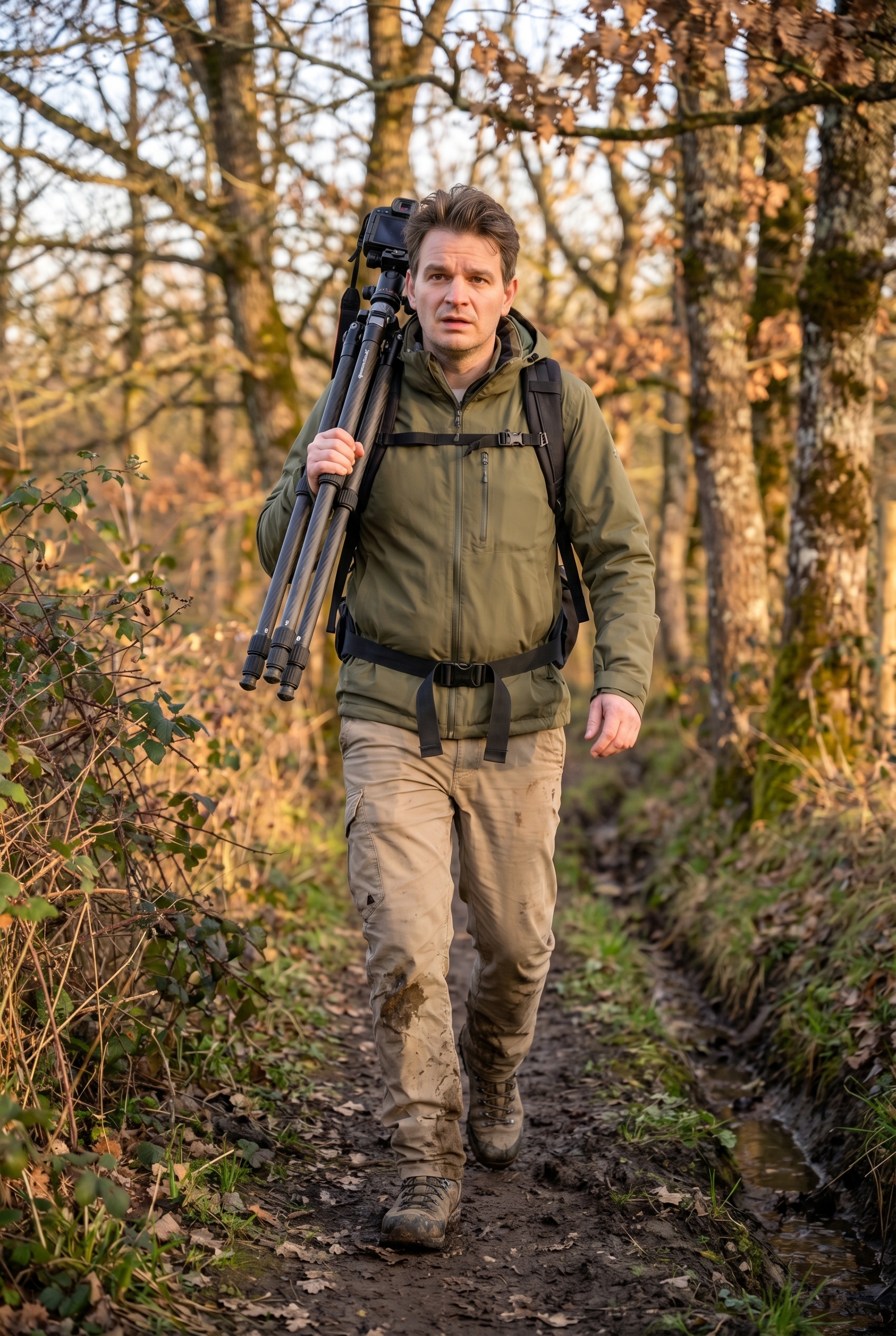 Golden-hour : comment (bien) la photographier 23 Photographe naturaliste avec trépied et sac à dos marchant sur un sentier forestier boueux sous la lumière orangée de l'heure dorée.