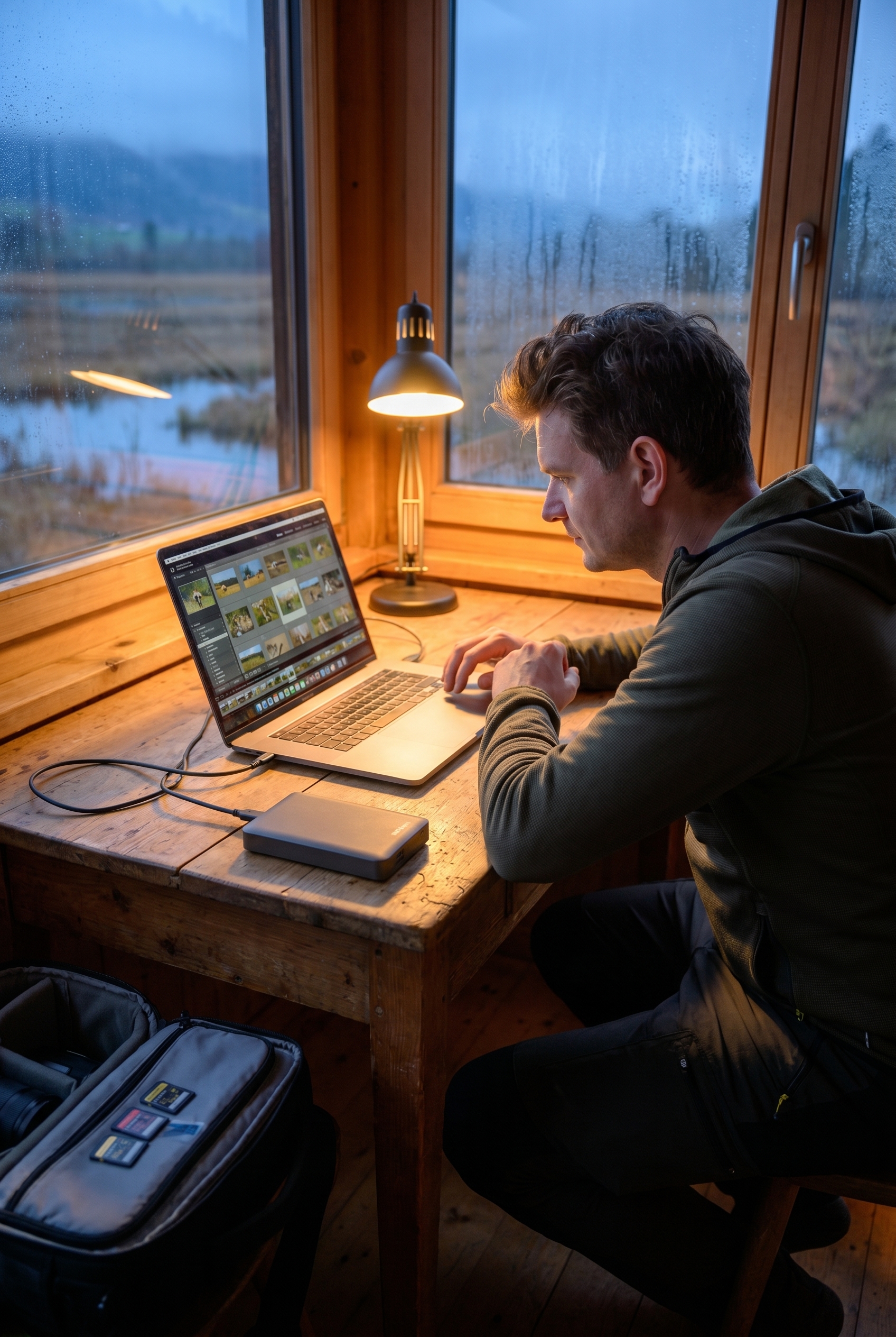 Photographe de nature devant son ordinateur et un disque dur externe, illustrant le dilemme entre Lightroom et Lightroom Classic pour le stockage des photos.