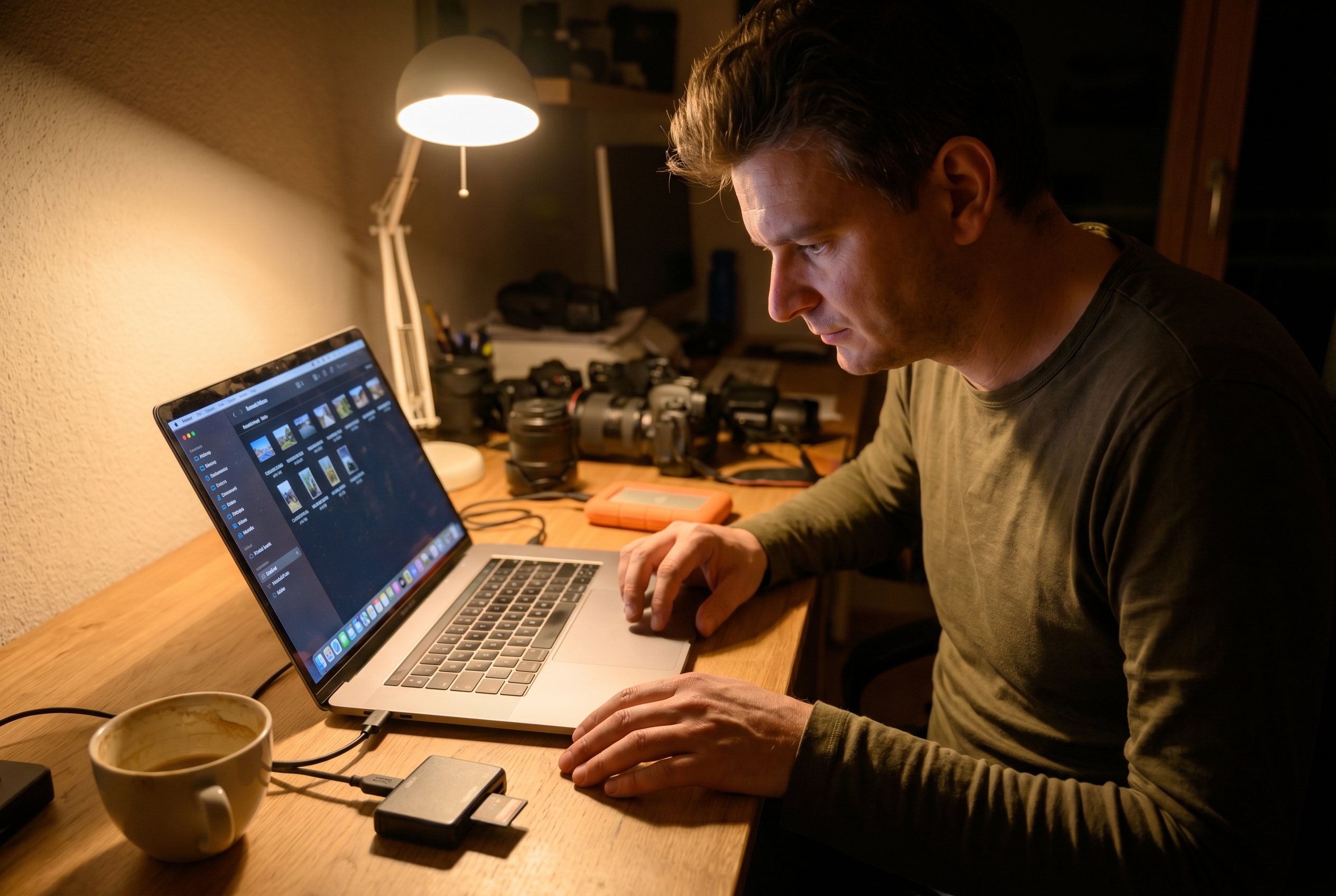Photographe de nature transférant des fichiers RAW depuis un disque dur externe vers son ordinateur pour comparer Lightroom vs Lightroom Classic.