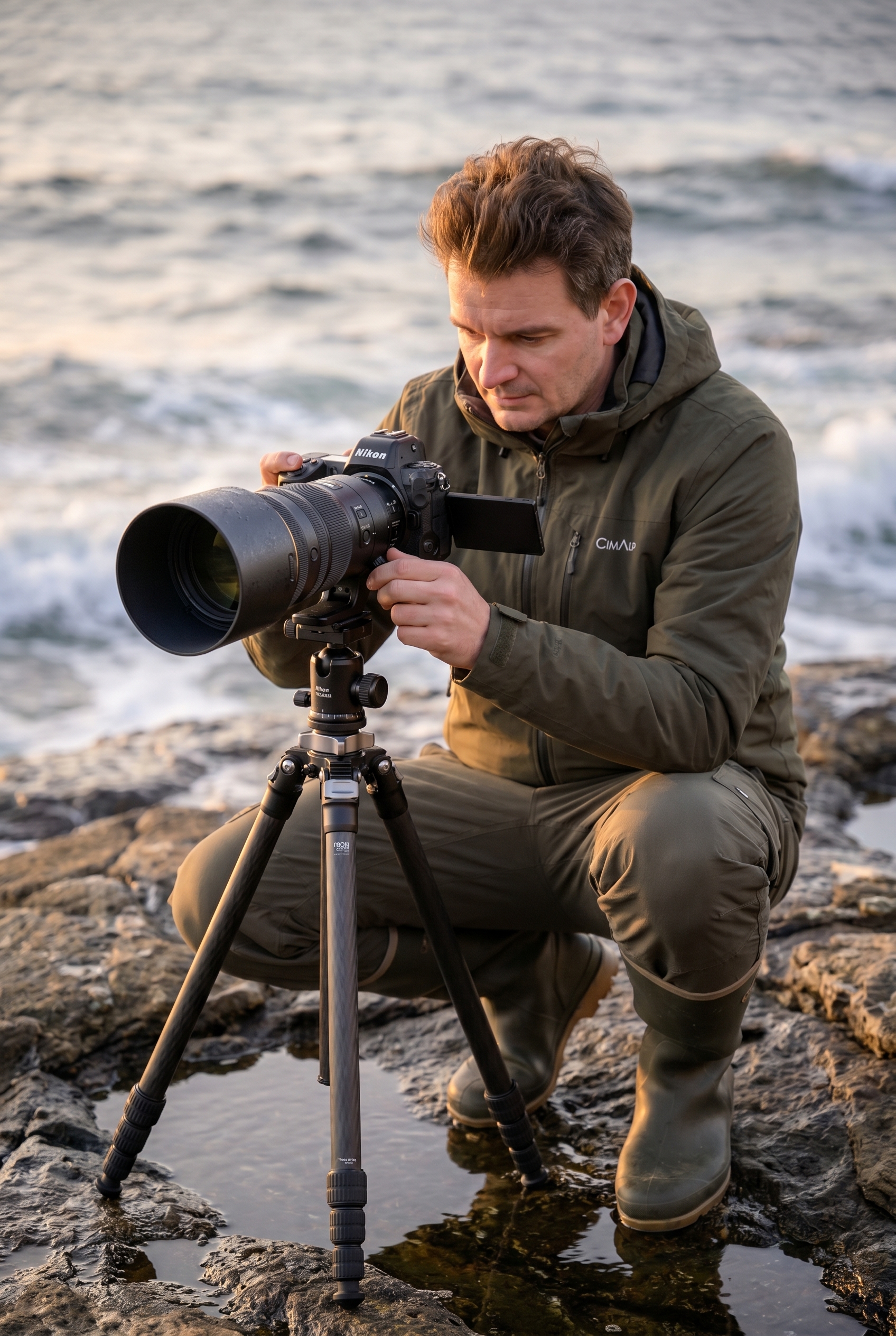 Un photographe naturaliste règle son appareil photo sur un trépied stable pour photographier la mer sur un littoral rocheux à l'heure dorée.