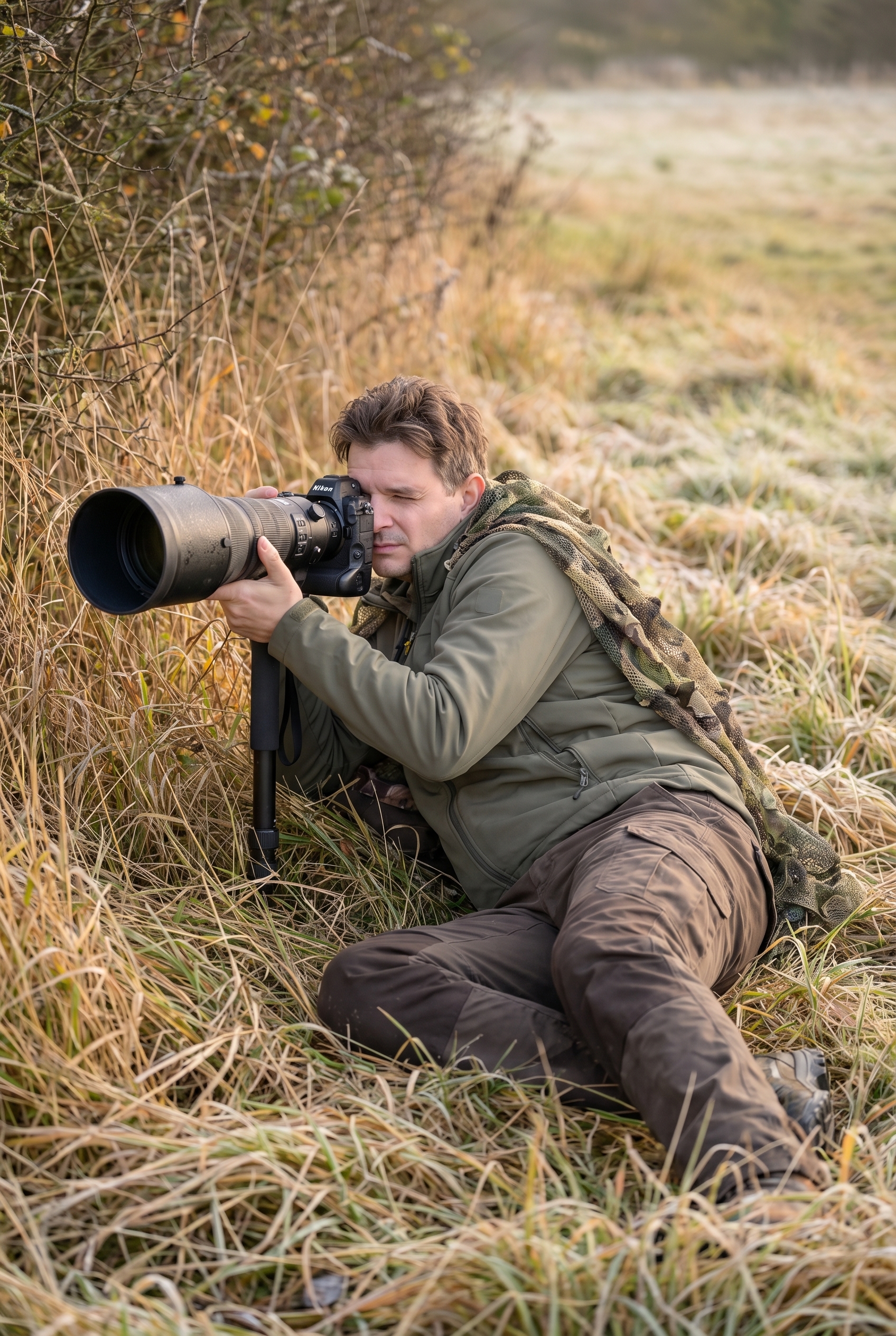 Photographe animalier en tenue de camouflage allongé dans l'herbe givrée avec un téléobjectif pour photographier le renard au lever du soleil.