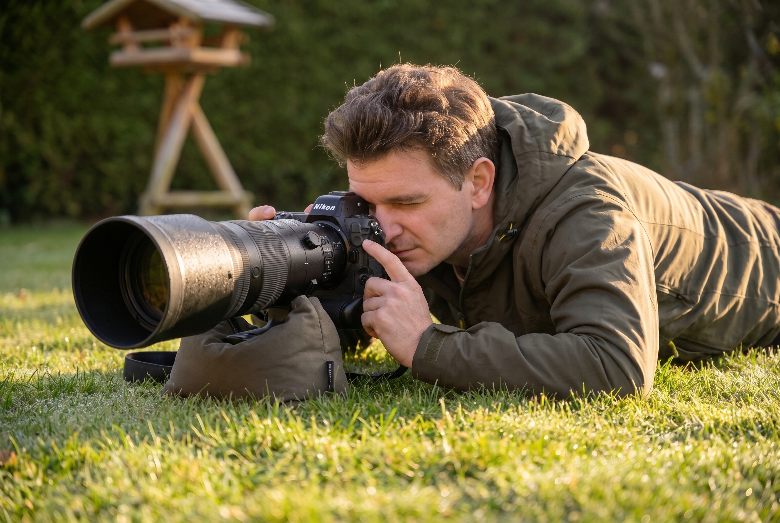 Comment photographier des oiseaux : le guide complet 29 Photographe naturaliste allongé dans l'herbe à l'aube avec un téléobjectif 400mm sur sac de billes pour photographier des oiseaux au jardin.