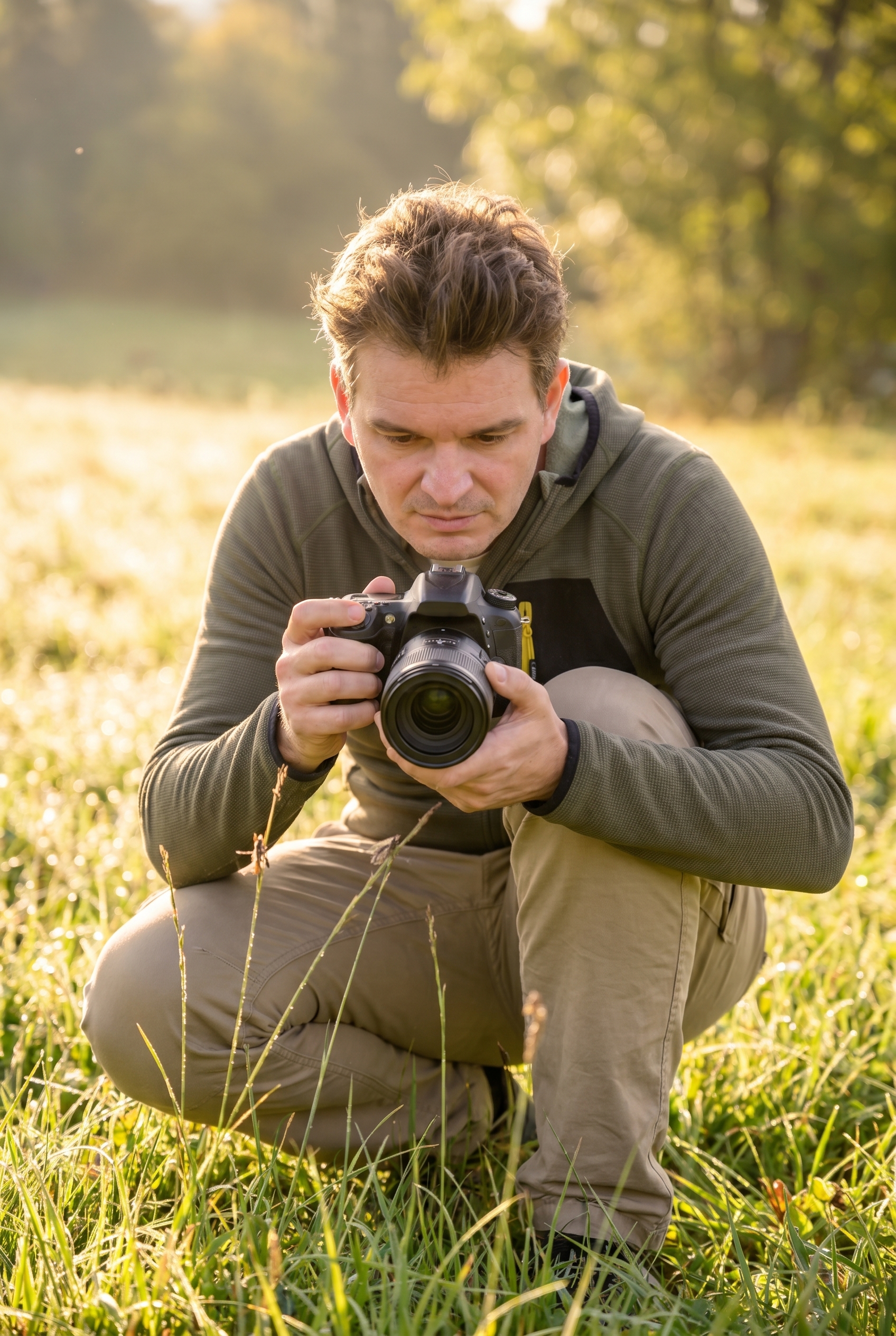 Photographe naturaliste accroupi dans une prairie au lever du soleil utilisant un objectif macro pour photographier les insectes.