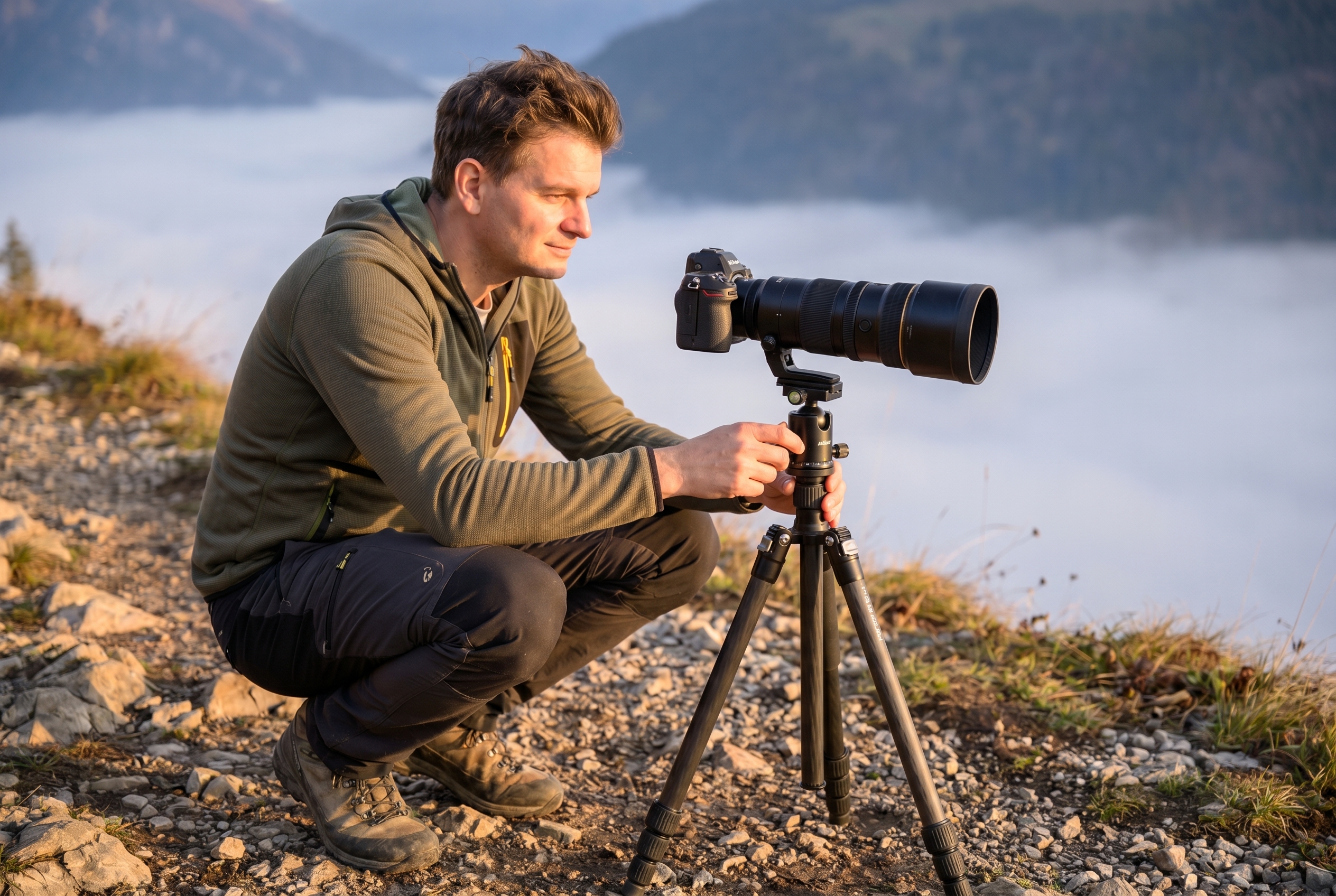 Comment photographier des paysages : le guide complet 15 Un photographe naturaliste installe son trépied et son appareil photo hybride en montagne au lever du soleil pour photographier des paysages.