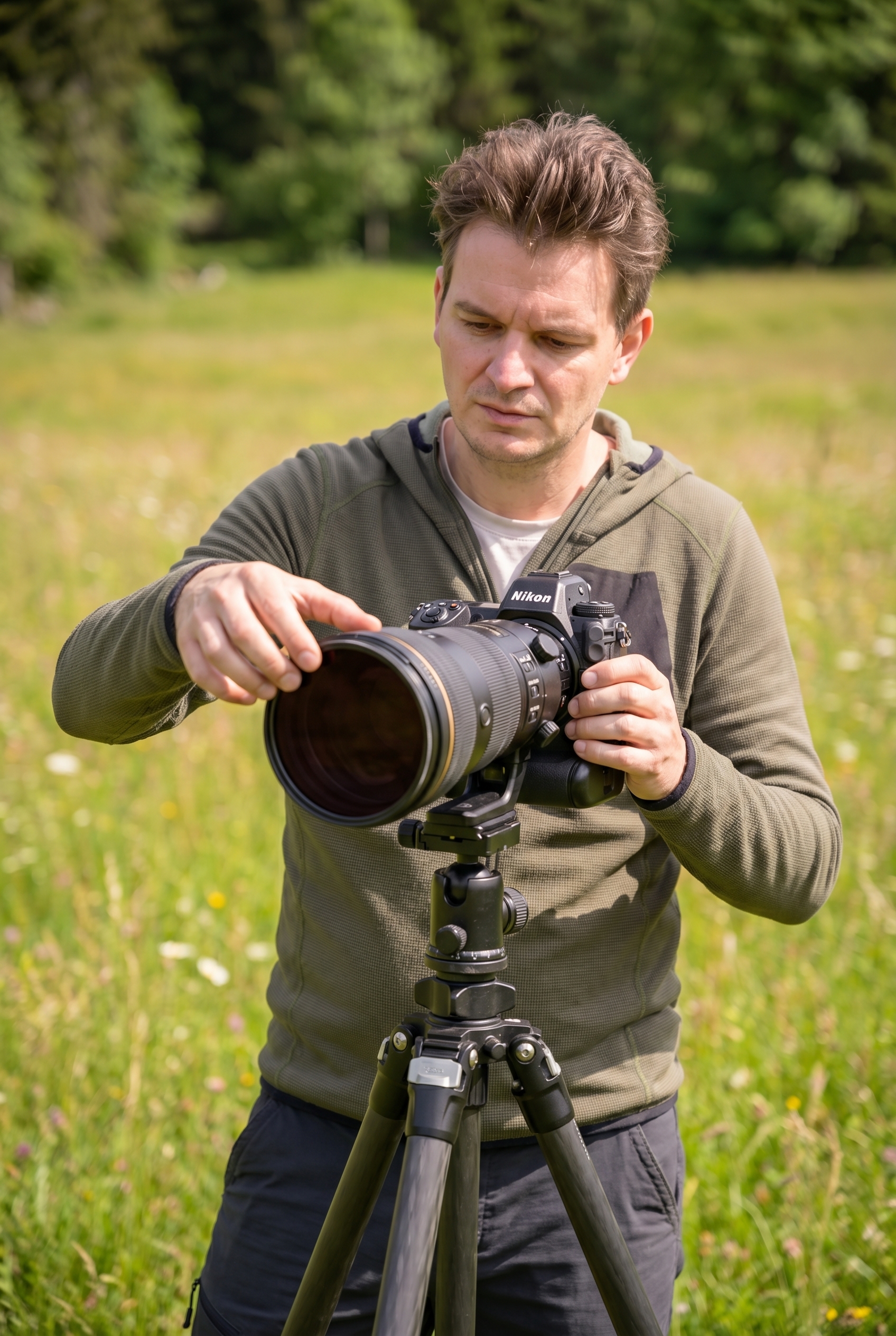 Photographe naturaliste installant avec soin un filtre infrarouge sur son objectif Nikon lors d'une séance photo en plein air.