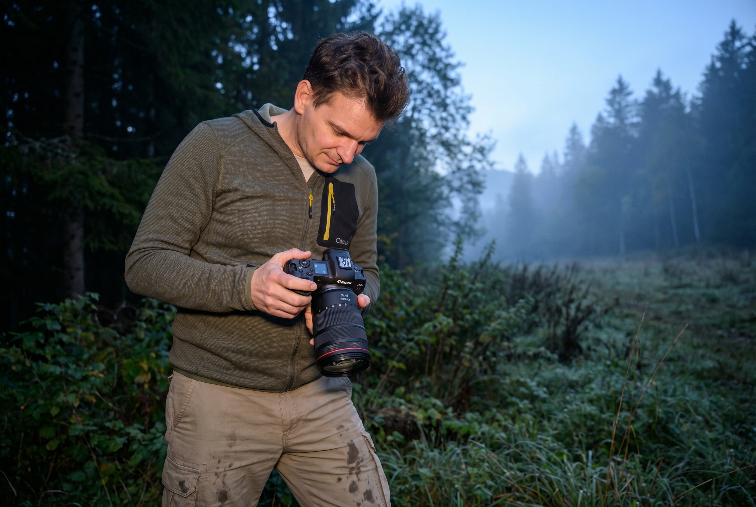 Photographe de nature réglant la sensibilité ISO de son appareil photo à l'aube en forêt pour illustrer le triangle d'exposition.