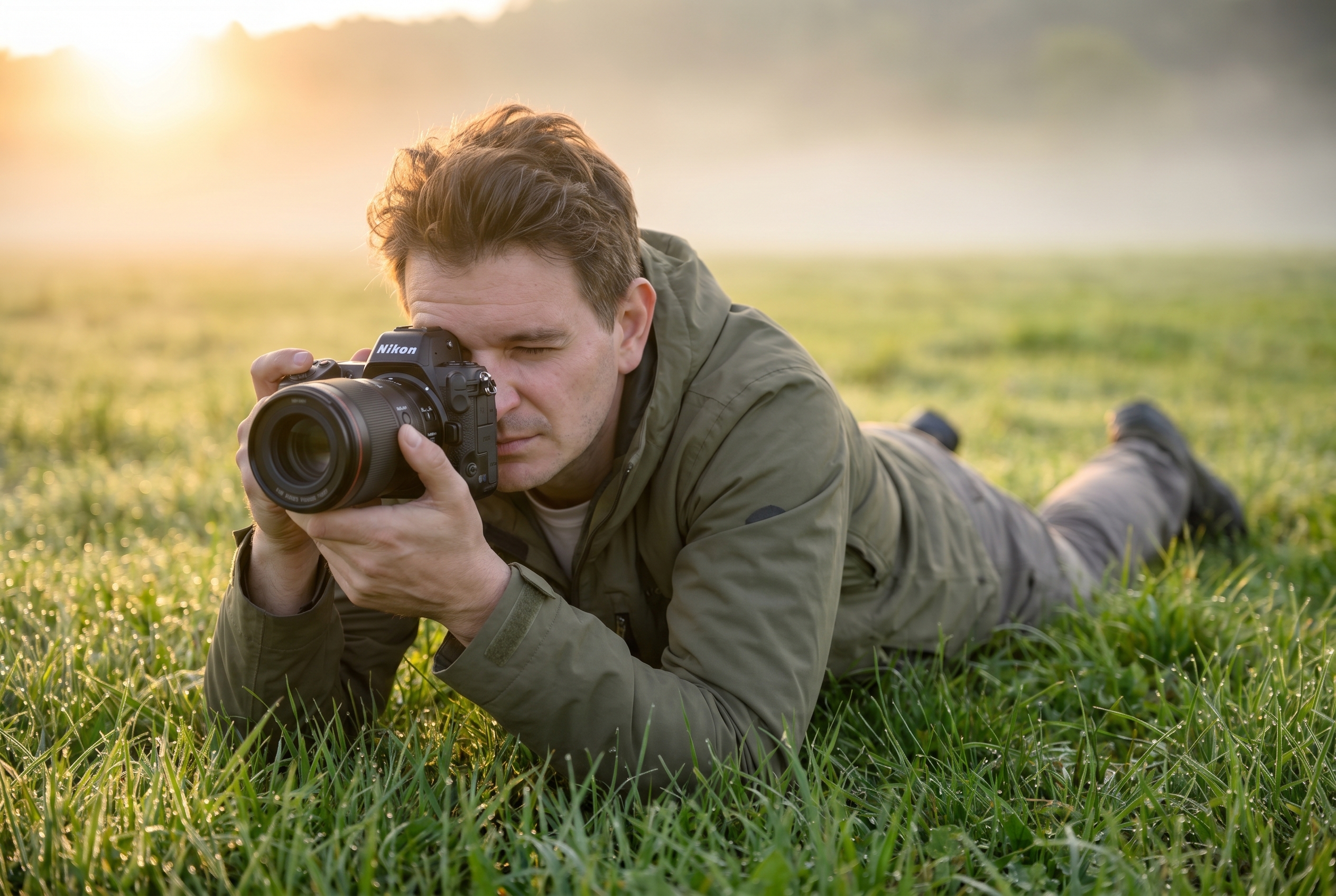 Photographe naturaliste allongé dans l'herbe avec un objectif macro pour photographier les insectes au ras du sol