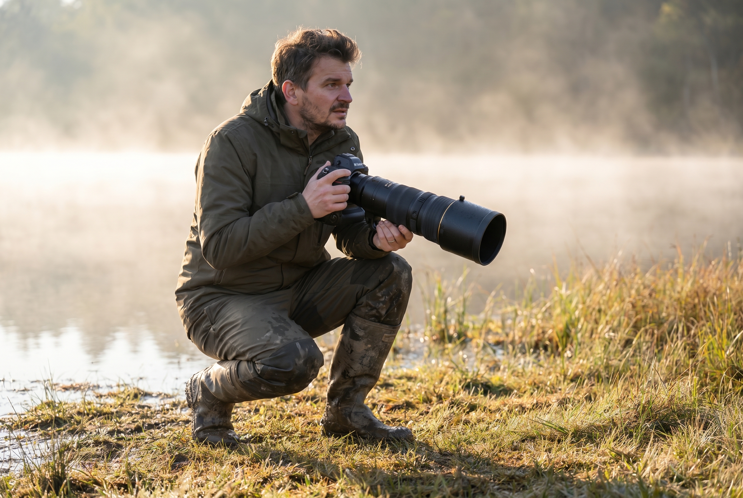 Photographe naturaliste en tenue de camouflage s'approchant lentement au bord d'un marais pour photographier les libellules sans les faire fuir au lever du soleil.