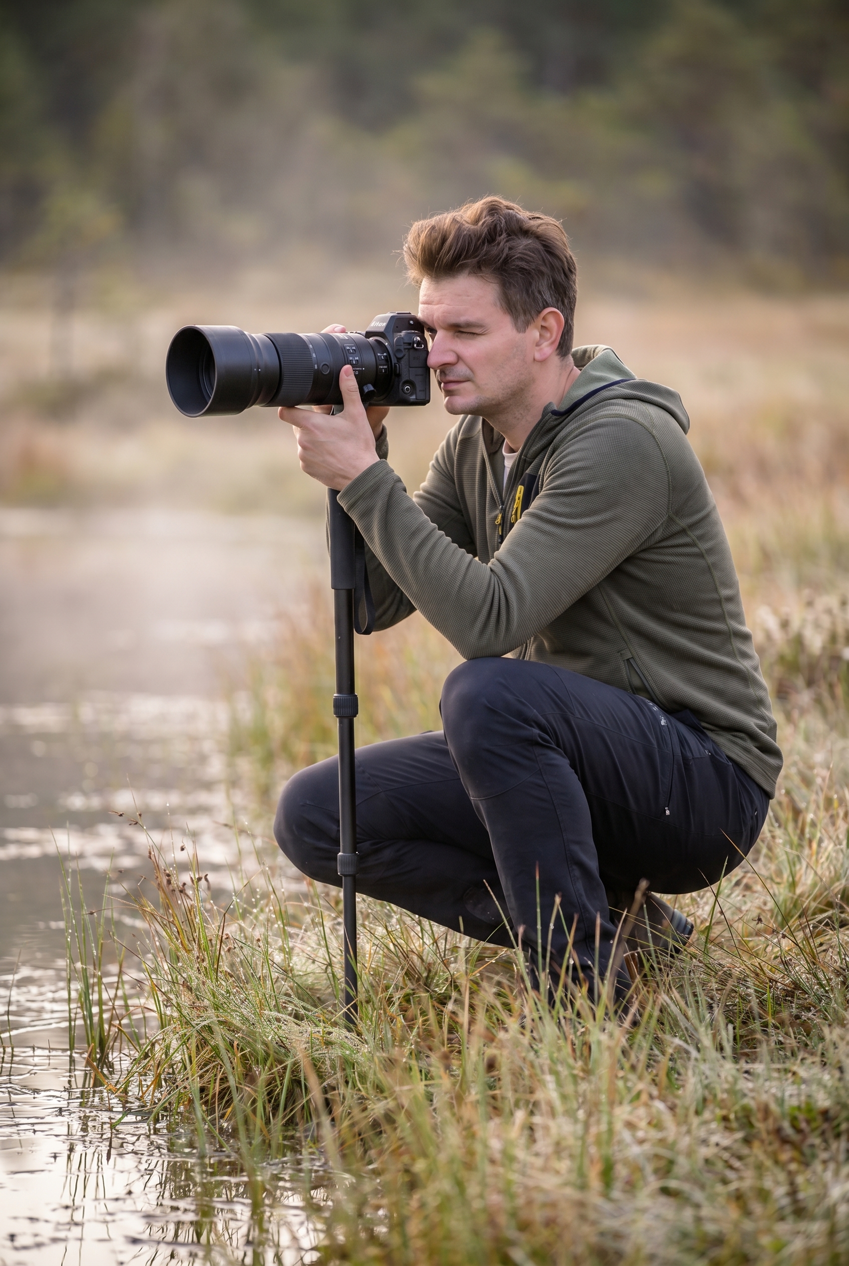 Photographe naturaliste accroupi au bord d'un étang avec un téléobjectif sur monopode pour photographier les libellules au lever du soleil.
