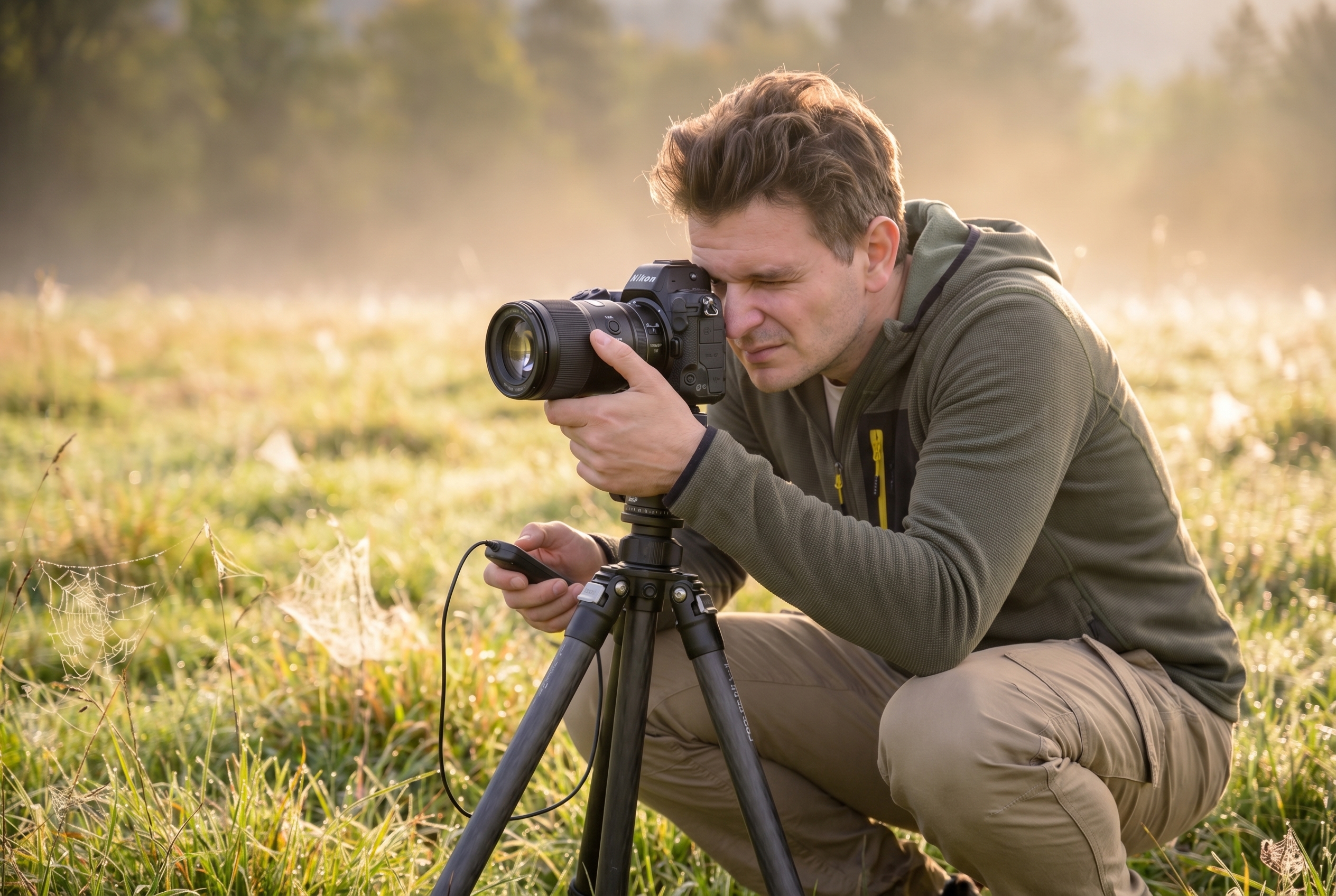 Le focus stacking : comment avoir des photos 100% nettes 20 Photographe naturaliste utilisant un trépied et un déclencheur à distance pour réaliser un focus stacking en macro-photographie au lever du soleil.